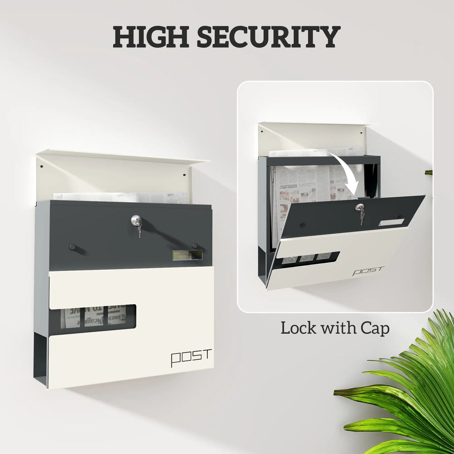 HOMCOM Locking Galvanised Steel Letterbox with Viewing Window - White/Black