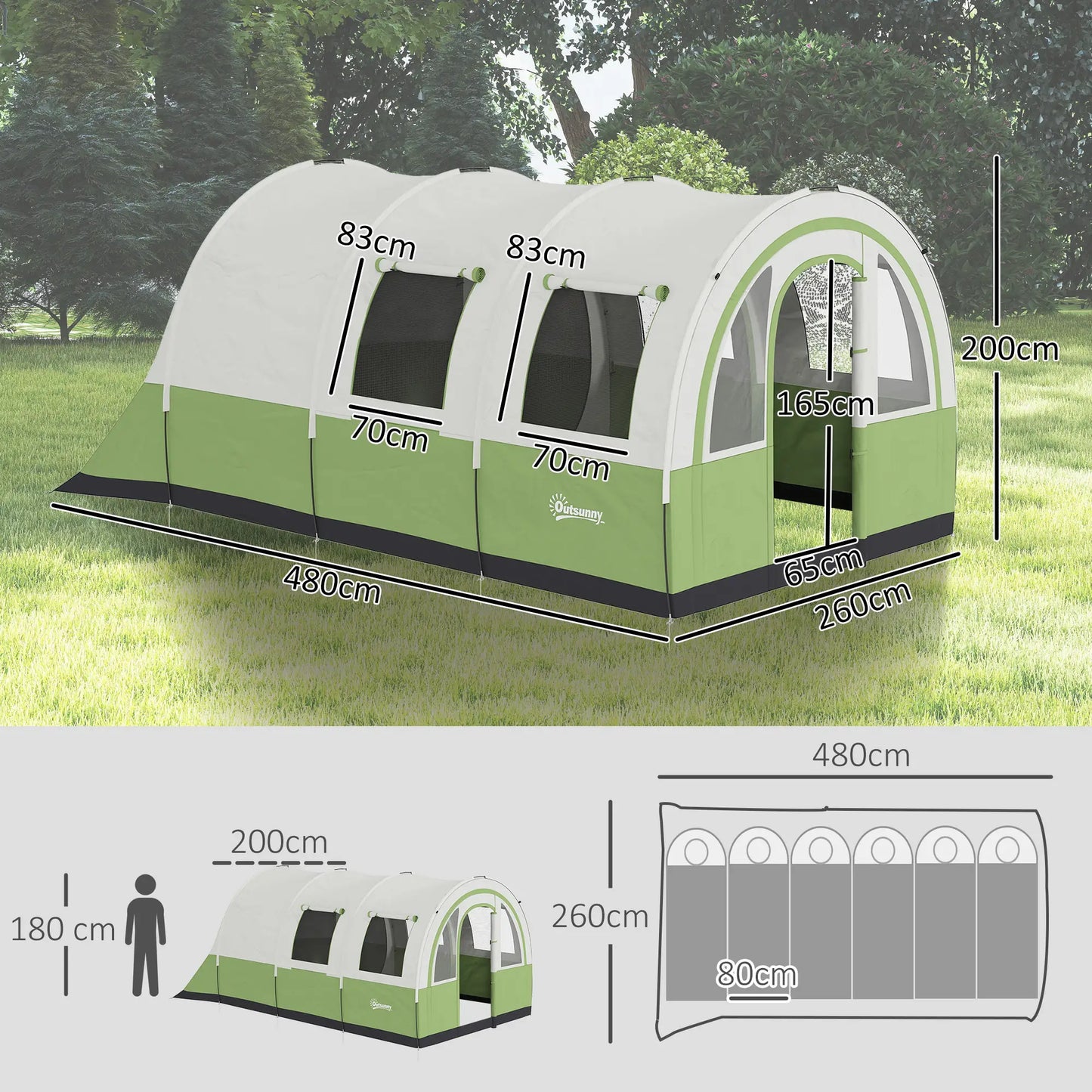 Outsunny 3000mm Waterproof Camping Tent, 5-6 Man Family Tent with Living & Bedroom, Carry Bag, Cream & Green