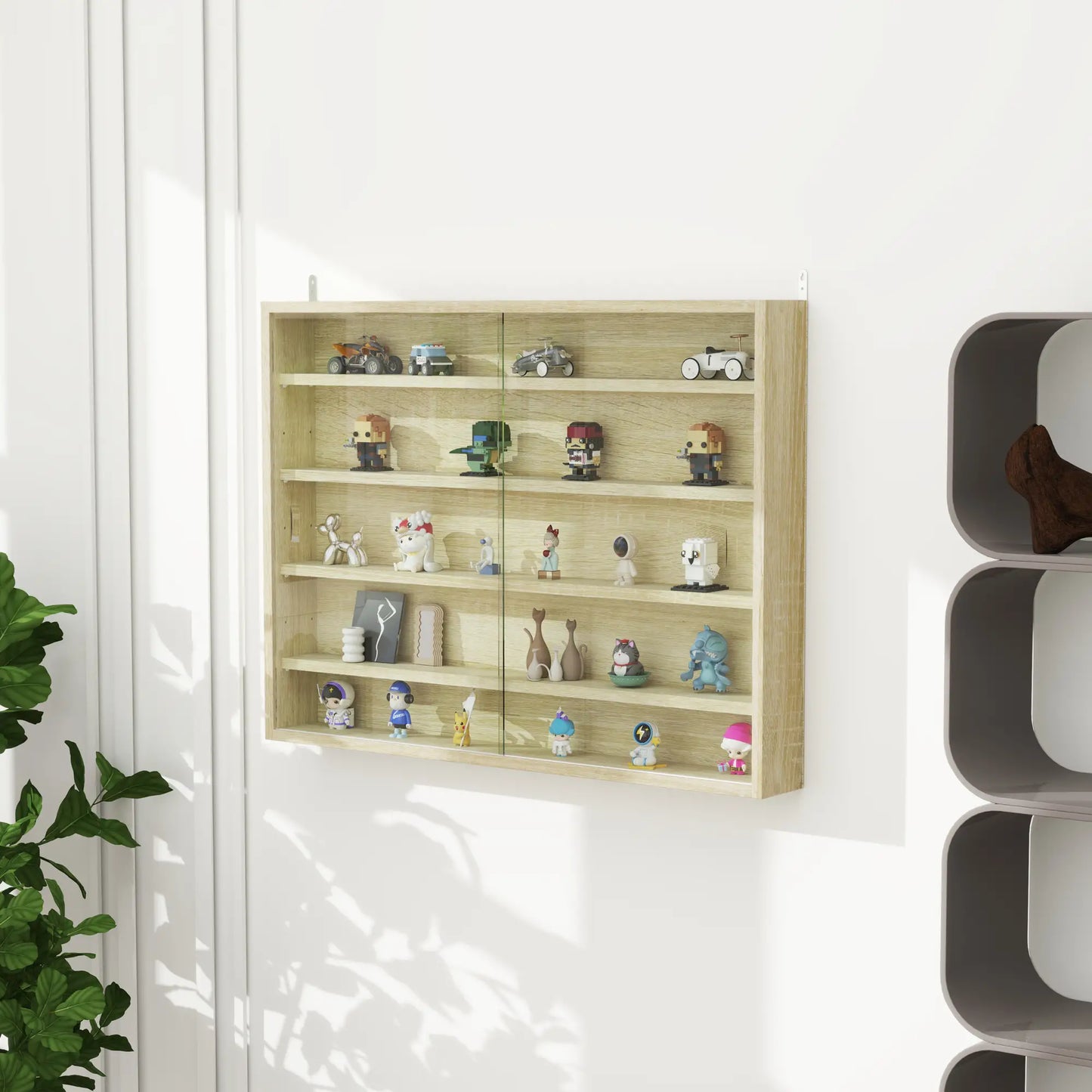 HOMCOM 5-Tier Wall Display Shelf Unit Cabinet w/ 4 Adjustable Shelves Glass Doors Home Office Ornaments, Oak