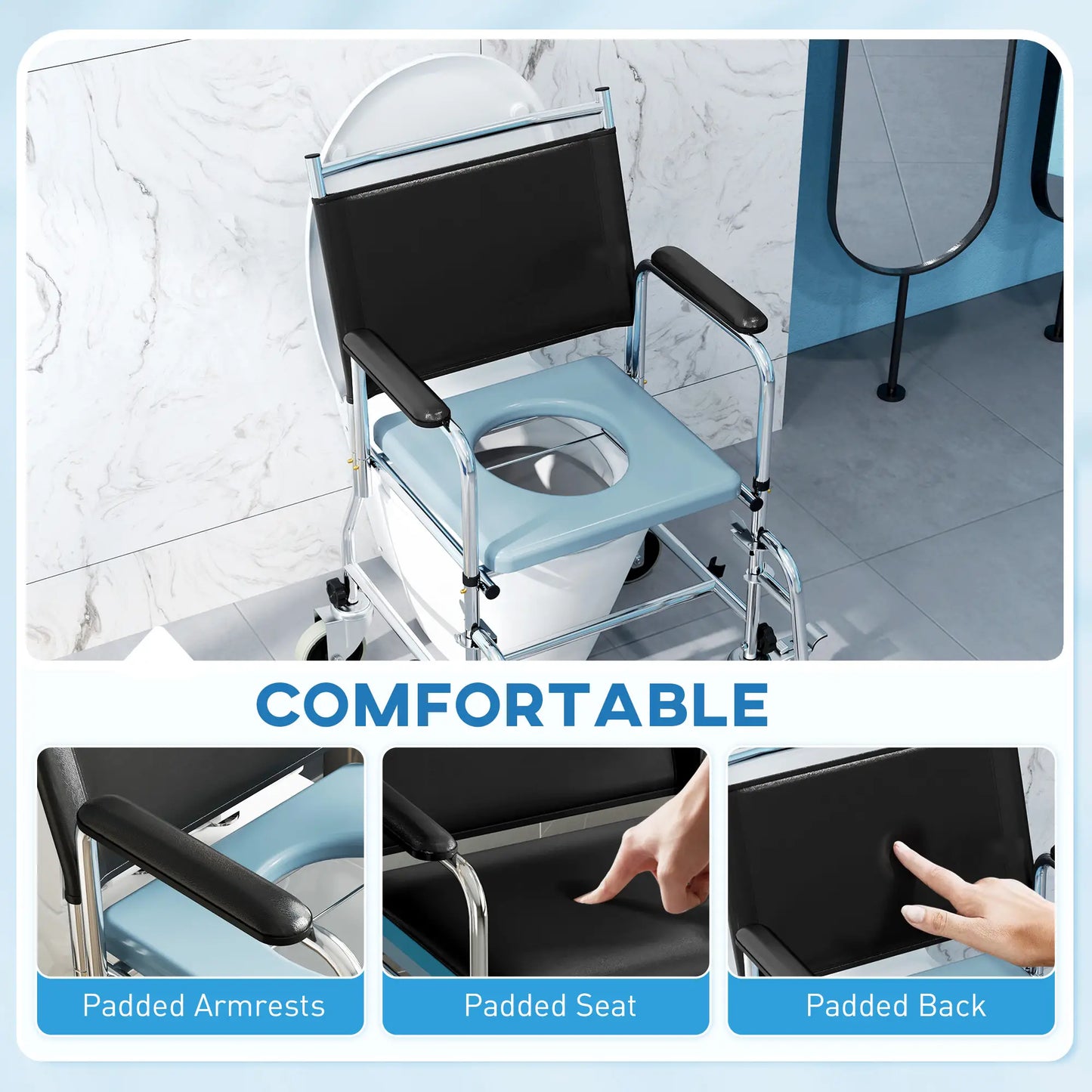 HOMCOM 3-In-1 Bathroom Commode Wheelchair Toilet Seat - Black