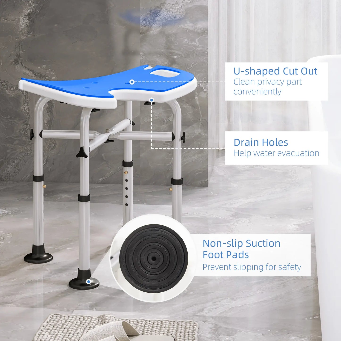 HOMCOM 39-51.5cm 'U' Seat Padded Shower Stool Bathroom Seat with Adjustable Height - Dark Blue