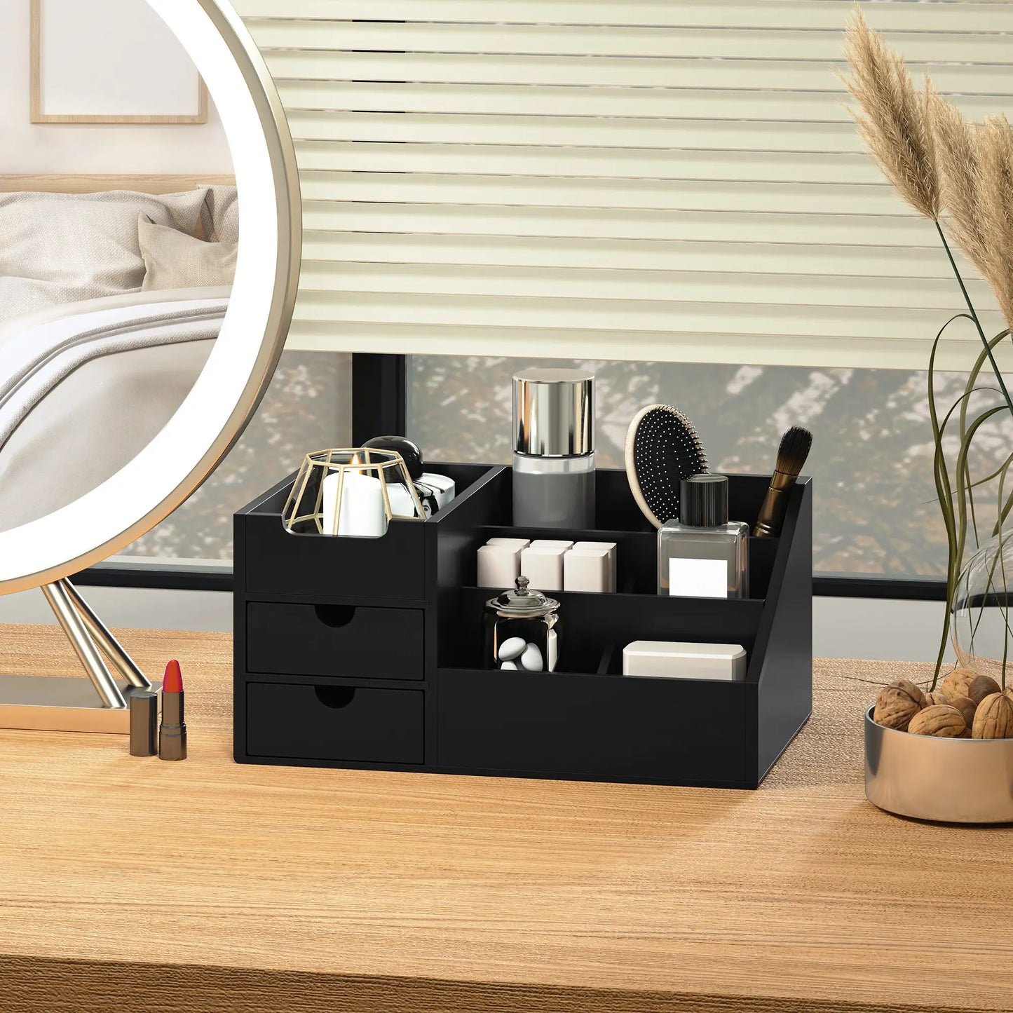 HOMCOM Desk Organiser Holder, Bamboo Multi-Function Storage Caddy with 7 Storage Compartments and 2 Drawers for Home & Office