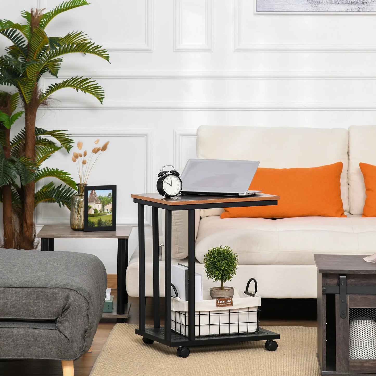 HOMCOM C Shaped Side Table with Wheels, Mobile End Table, Laptop Stand with Metal Frame & Storage Shelf, Rustic Brown