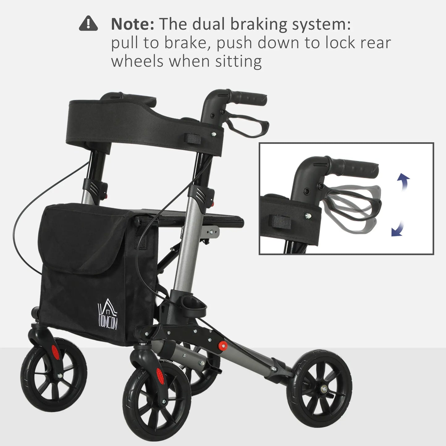 HOMCOM 4 Wheel Rollator with Seat & Back, Folding Walker with Carry Bag, Adjustable Height, Dual Brakes, Aluminium Walking Frame, Silver