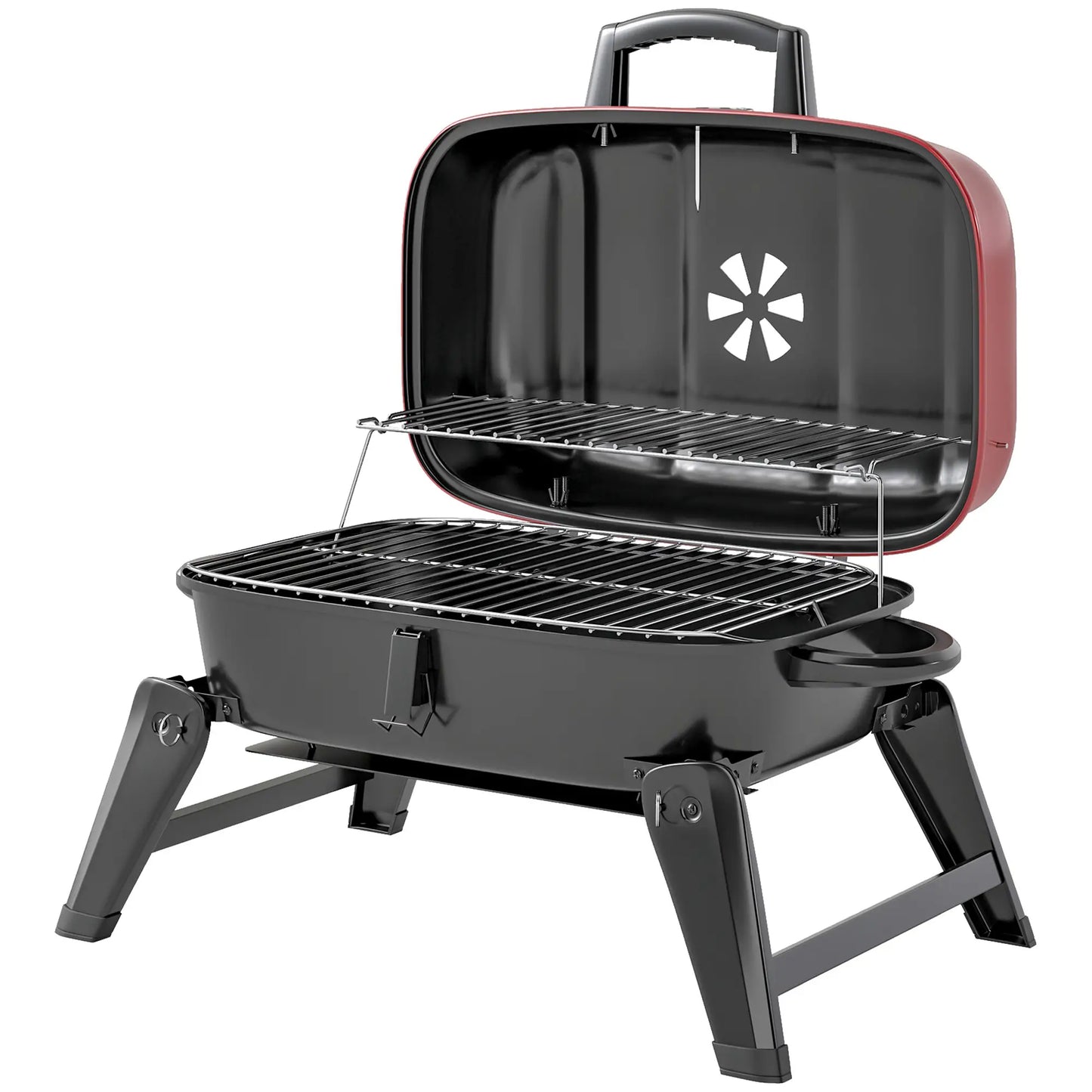 Outsunny Charcoal Barbecue Grill Folding BBQ Grill with Adjustable Vent, Thermometer, Handles for Camping Picnic, Red