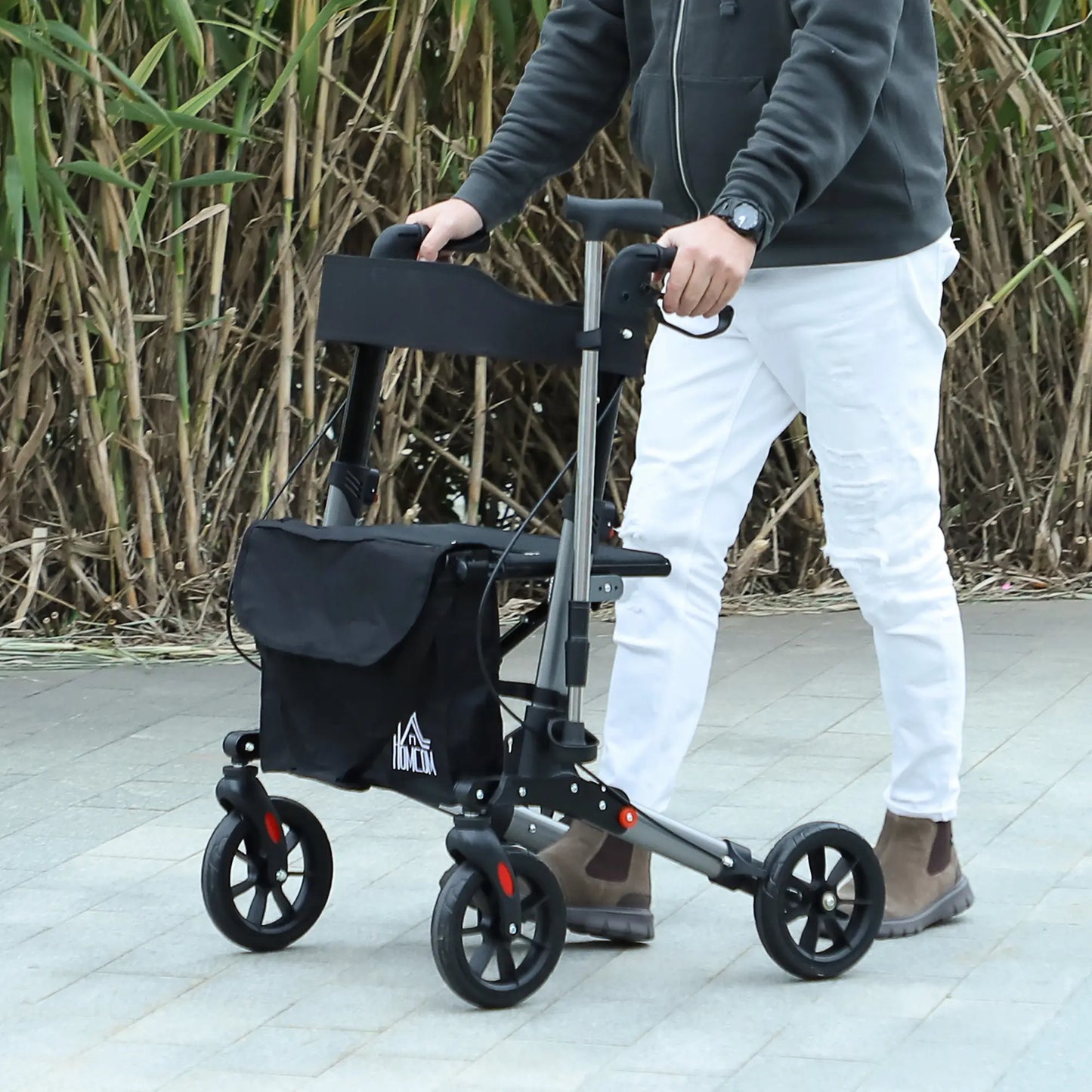 HOMCOM 4 Wheel Rollator with Seat & Back, Folding Walker with Carry Bag, Adjustable Height, Dual Brakes, Aluminium Walking Frame, Silver