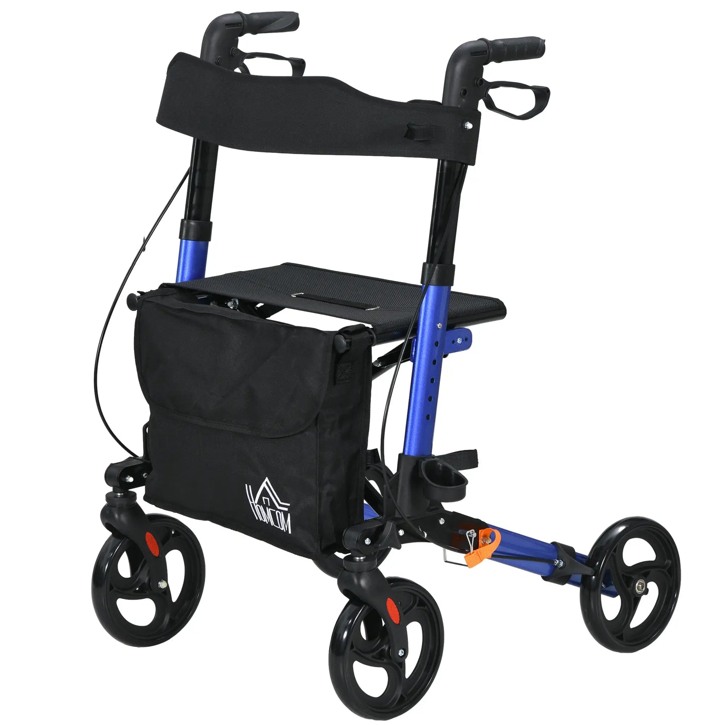 HOMCOM 4 Wheel Rollator with Seat and Back, Folding Mobility Walker with Carry Bag, Adjustable Height, Walking Frame for Seniors, Blue
