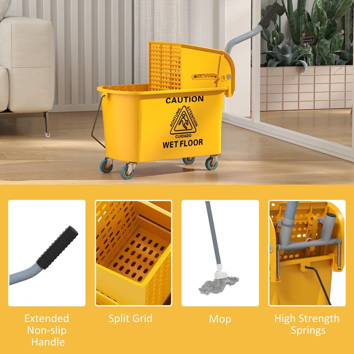 HOMCOM Mop Bucket with Wringer Set on Wheels for Floor Cleaning, 20 Litre Side Press Wringer with Handle, Yellow