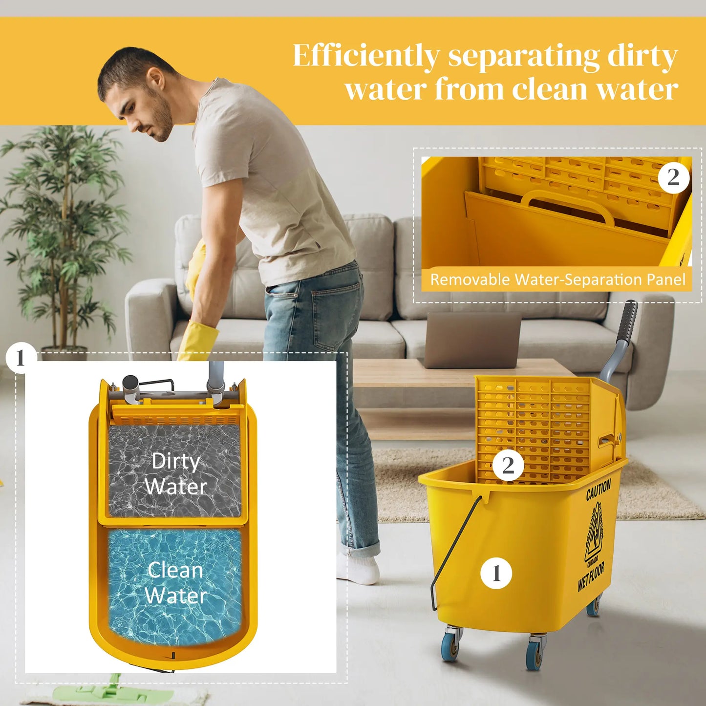 HOMCOM Mop Bucket with Wringer Set on Wheels for Floor Cleaning, 20 Litre Side Press Wringer with Handle, Yellow