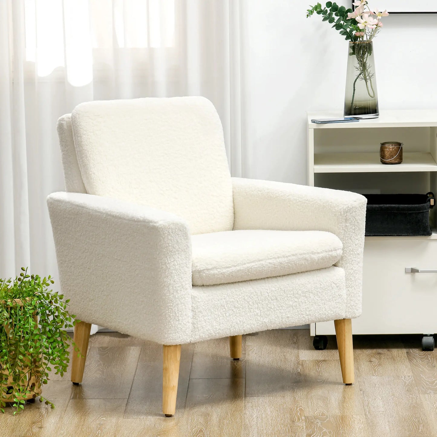 HOMCOM Armchair, Upholstered Accent Chair with Wood Legs & Wide Padded Seat, Teddy Occasional Chair, Cream White
