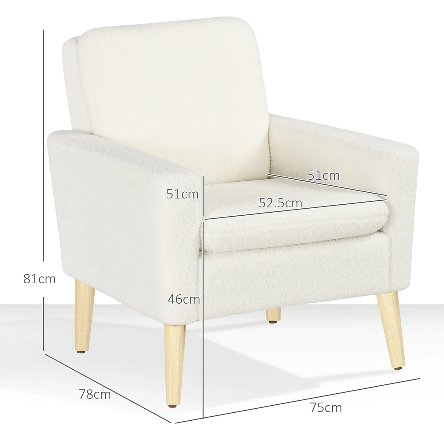 HOMCOM Armchair, Upholstered Accent Chair with Wood Legs & Wide Padded Seat, Teddy Occasional Chair, Cream White