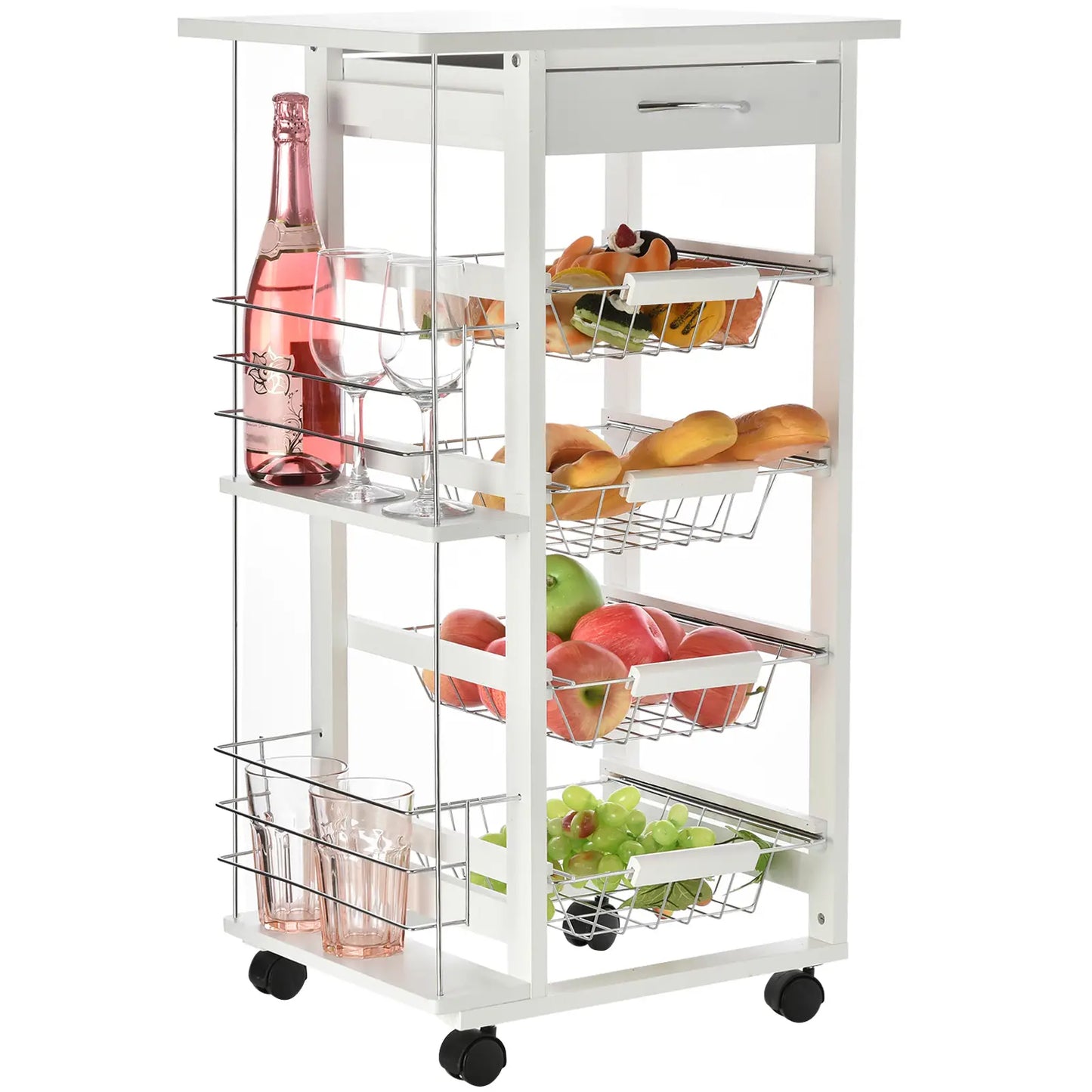 HOMCOM Rolling Kitchen Cart, Utility Storage Cart with 4 Basket Drawers & Side Racks, Wheels for Dining Room, White