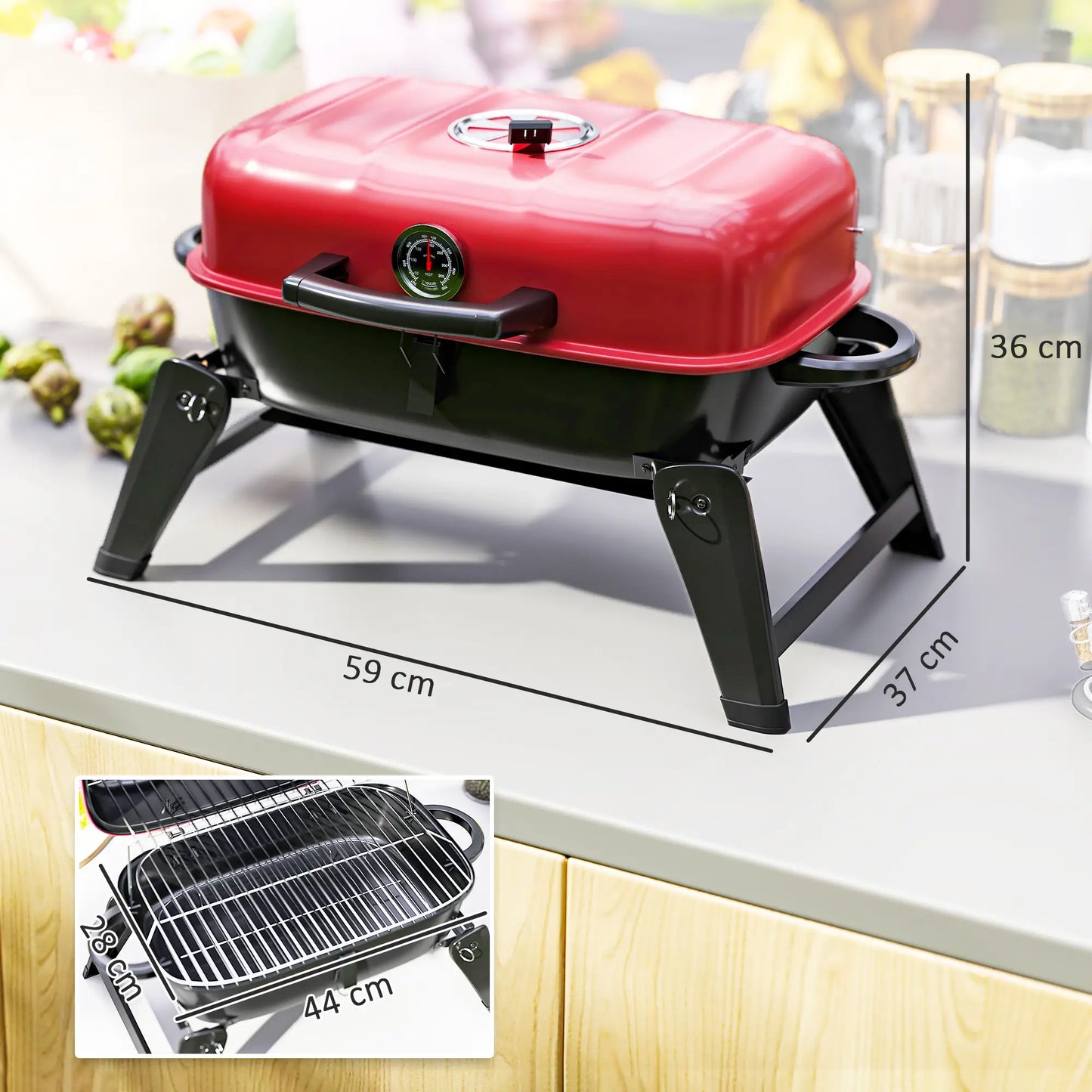 Outsunny Charcoal Barbecue Grill Folding BBQ Grill with Adjustable Vent, Thermometer, Handles for Camping Picnic, Red