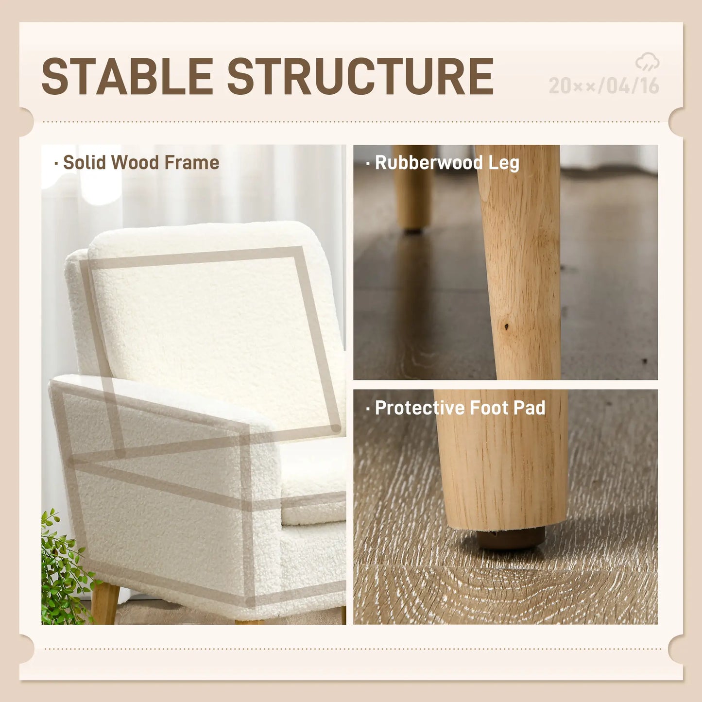 HOMCOM Armchair, Upholstered Accent Chair with Wood Legs & Wide Padded Seat, Teddy Occasional Chair, Cream White