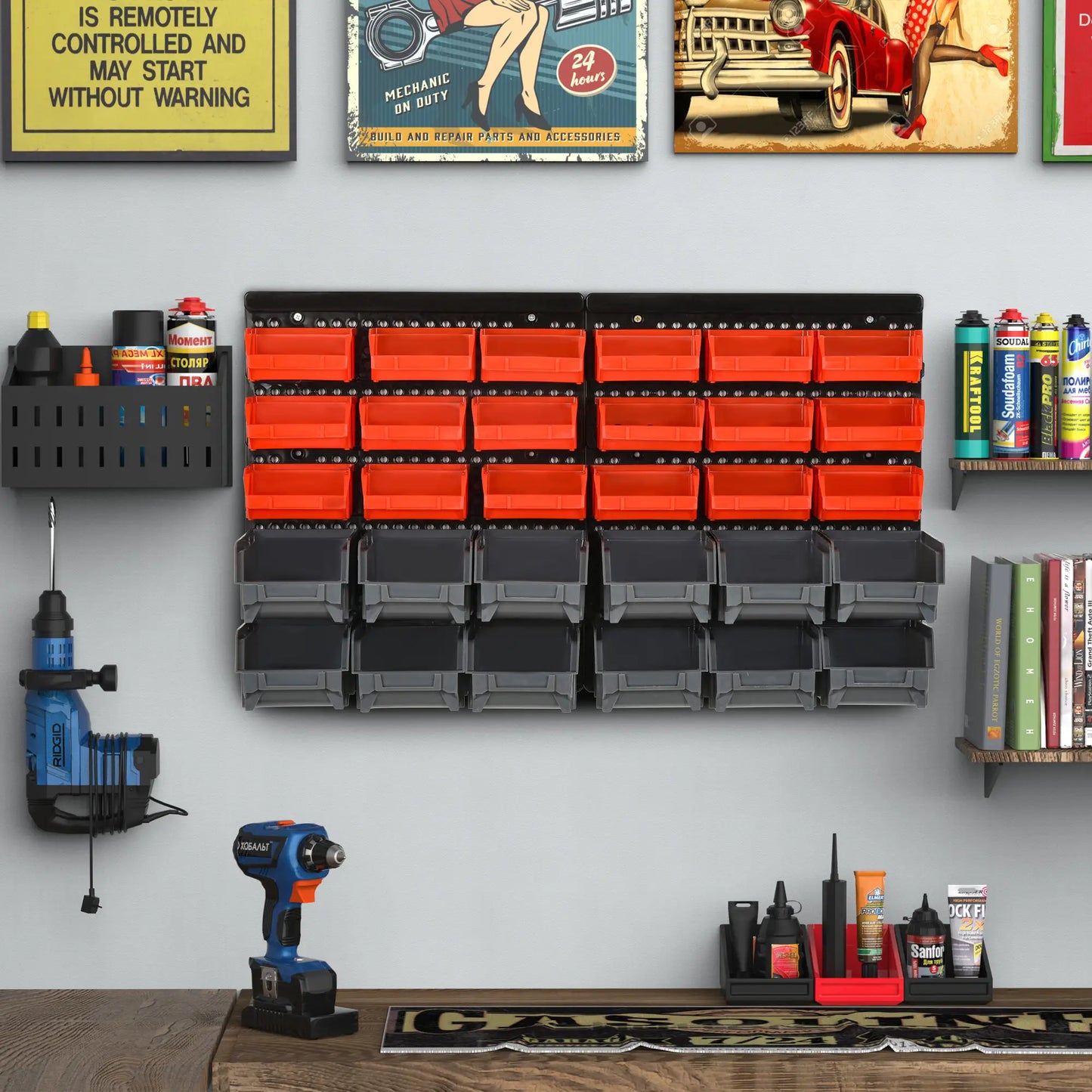 DURHAND 30 Cubbie On-Wall Storage Board Tool Screw Organiser Garage Workshop DIY Container w/ Screw Kit Tool Equipment Tidy