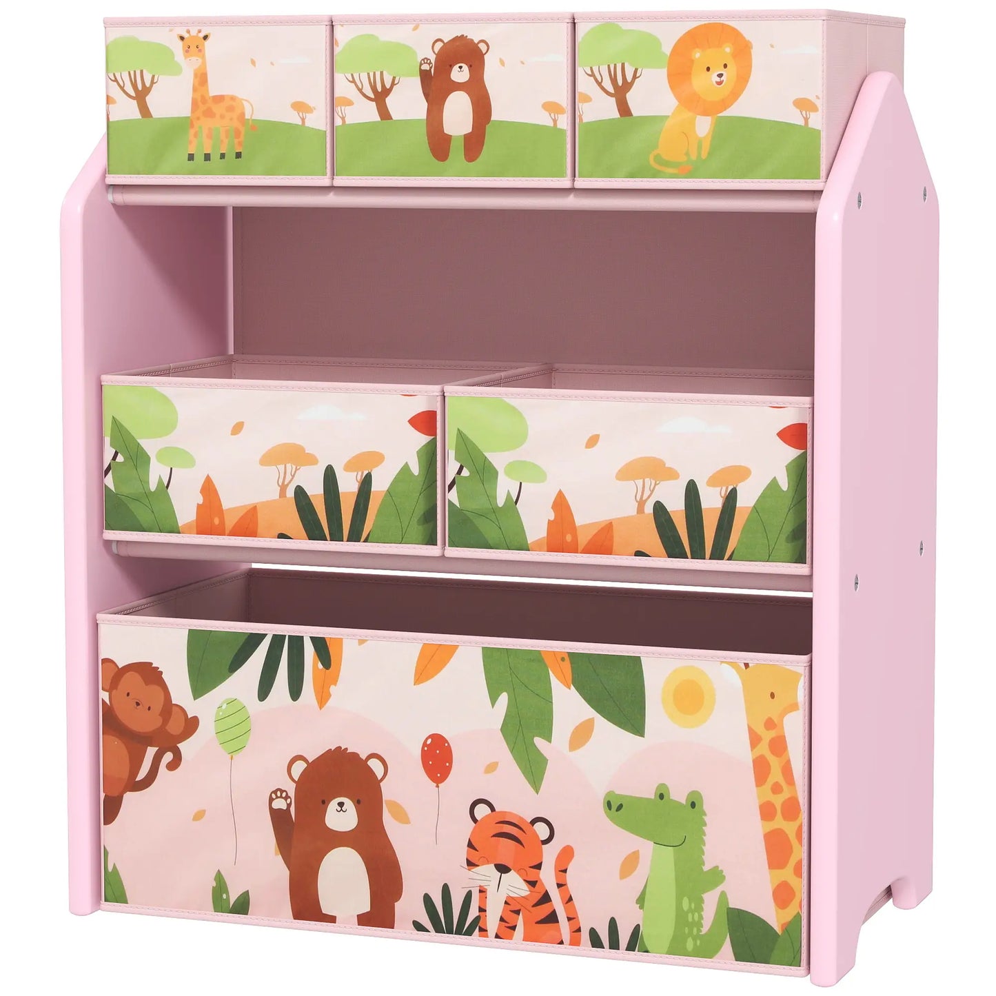 AIYAPLAY 3-Tier Kids Toy Storage Unit with 6 Removable Storage Boxes, for Playroom, Bedroom, Nursery, Pink