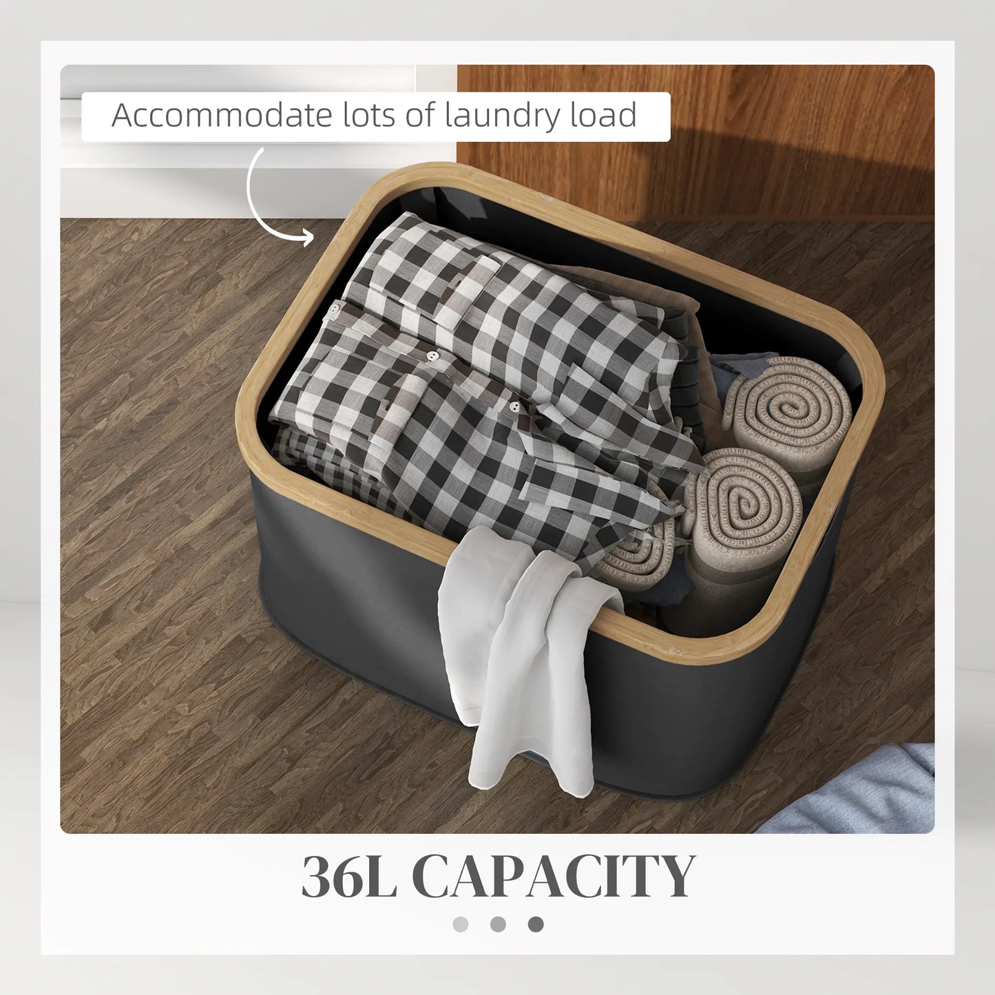 HOMCOM 36L Foldable Laundry Basket, with Bamboo Top Portable and Foldable - Black