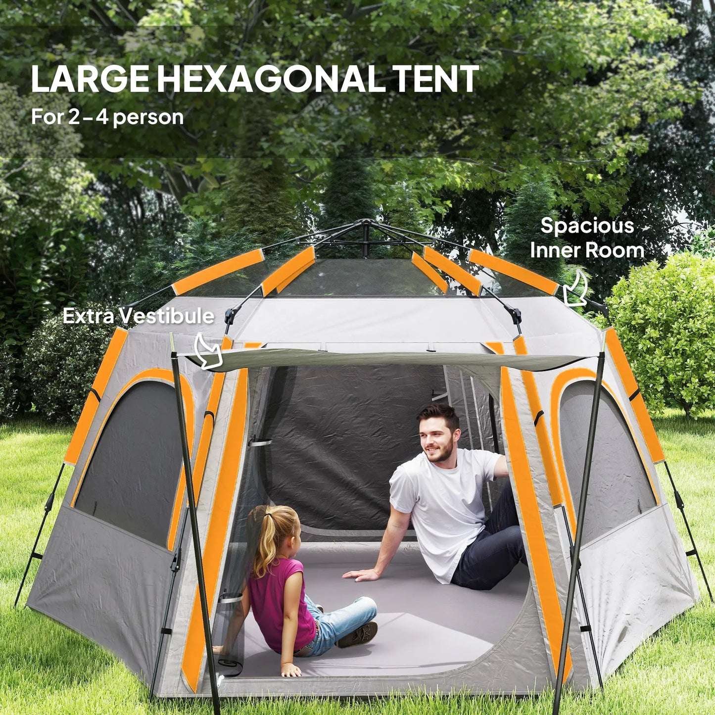 Outsunny Instant Pop Up Camping Tent, 3/4 Person Easy Setup Dome Family Tent with Rainfly Hexagonal Design, Waterproof & UV Protected, Light Grey