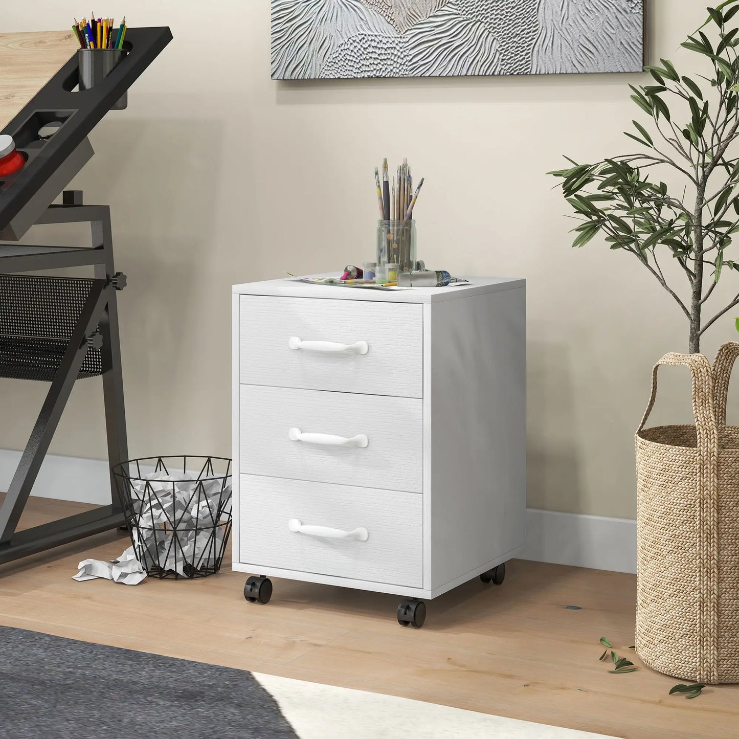 HOMCOM 3 Drawer File Cabinet, Mobile Filing Cabinet on Wheels for Home Office, Study, White
