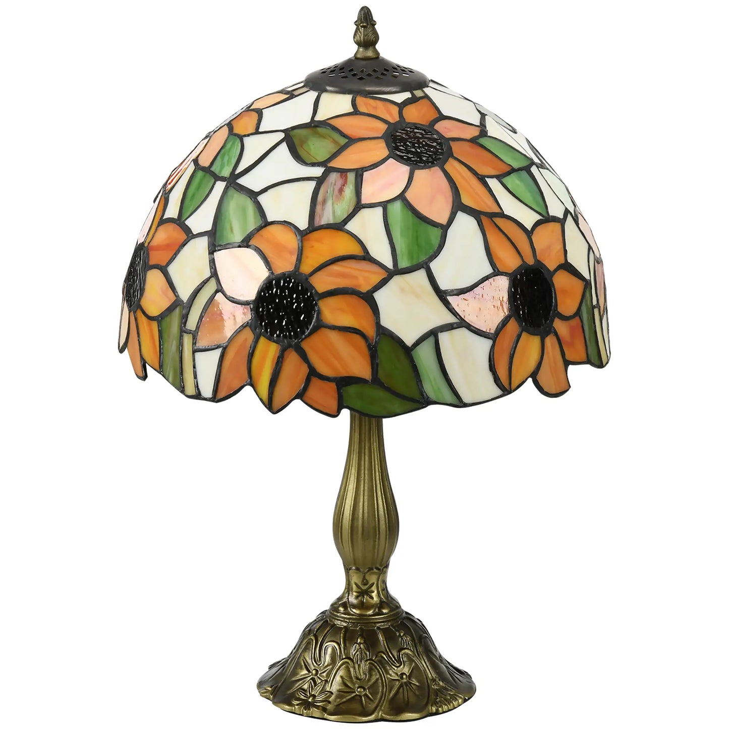 HOMCOM Tiffany Stained Glass Table Lamp, Handmade Antique Bedside Lamp, Night Light, Orange Sunflower