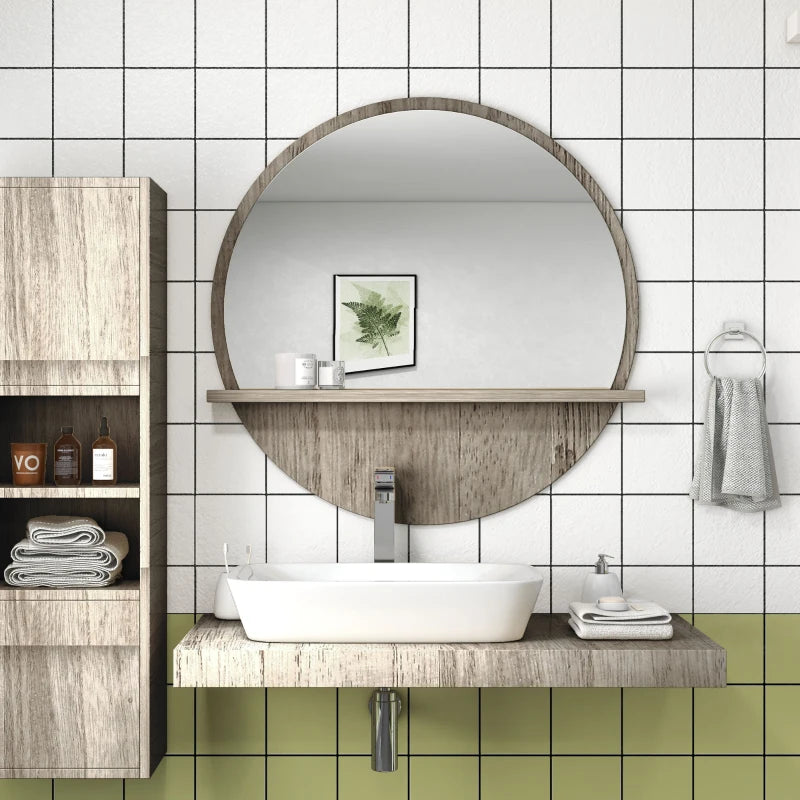 Big round mirror with wooden frame accent
