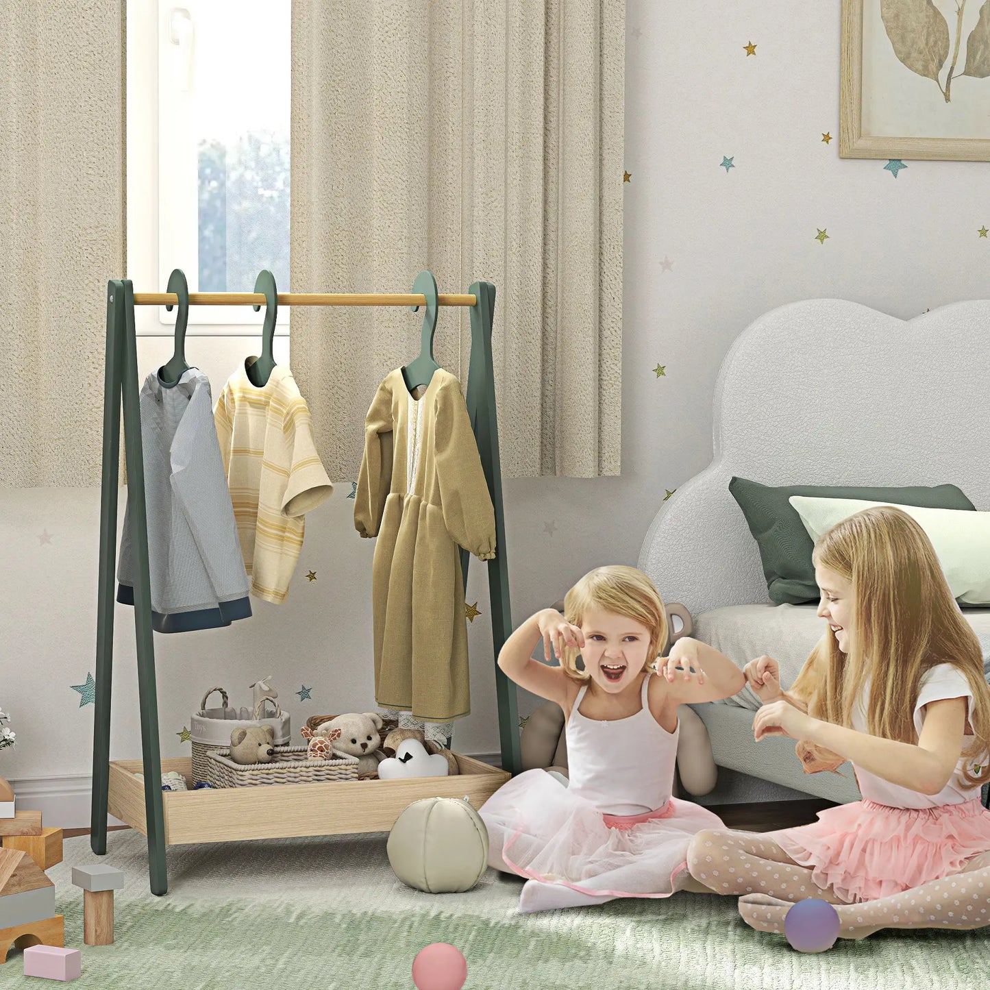 AIYAPLAY Kids Clothes Rail with 3 Hangers, Bottom Storage Shelf for Girls, Boys, Nursery, Bedroom, Green