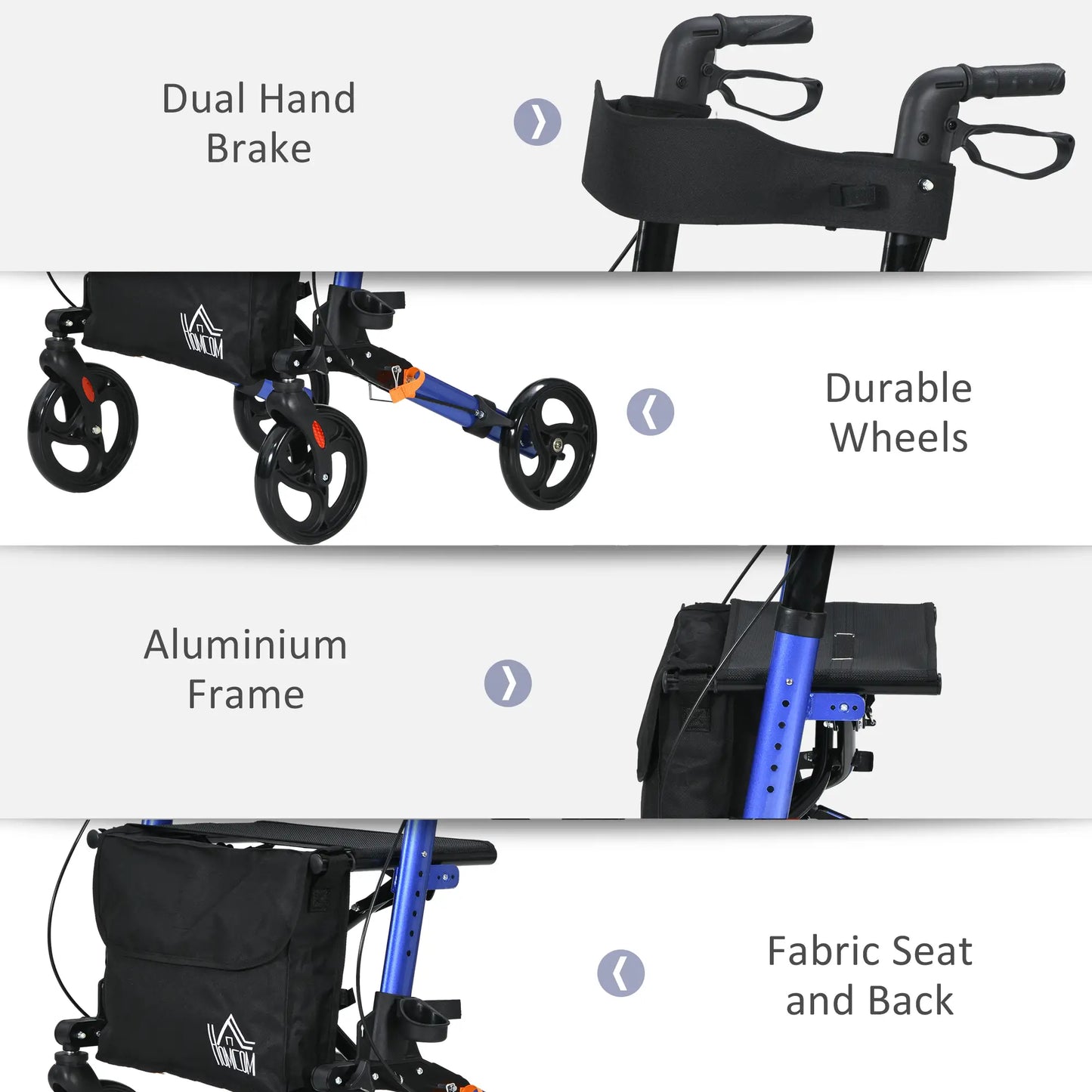 HOMCOM 4 Wheel Rollator with Seat and Back, Folding Mobility Walker with Carry Bag, Adjustable Height, Walking Frame for Seniors, Blue