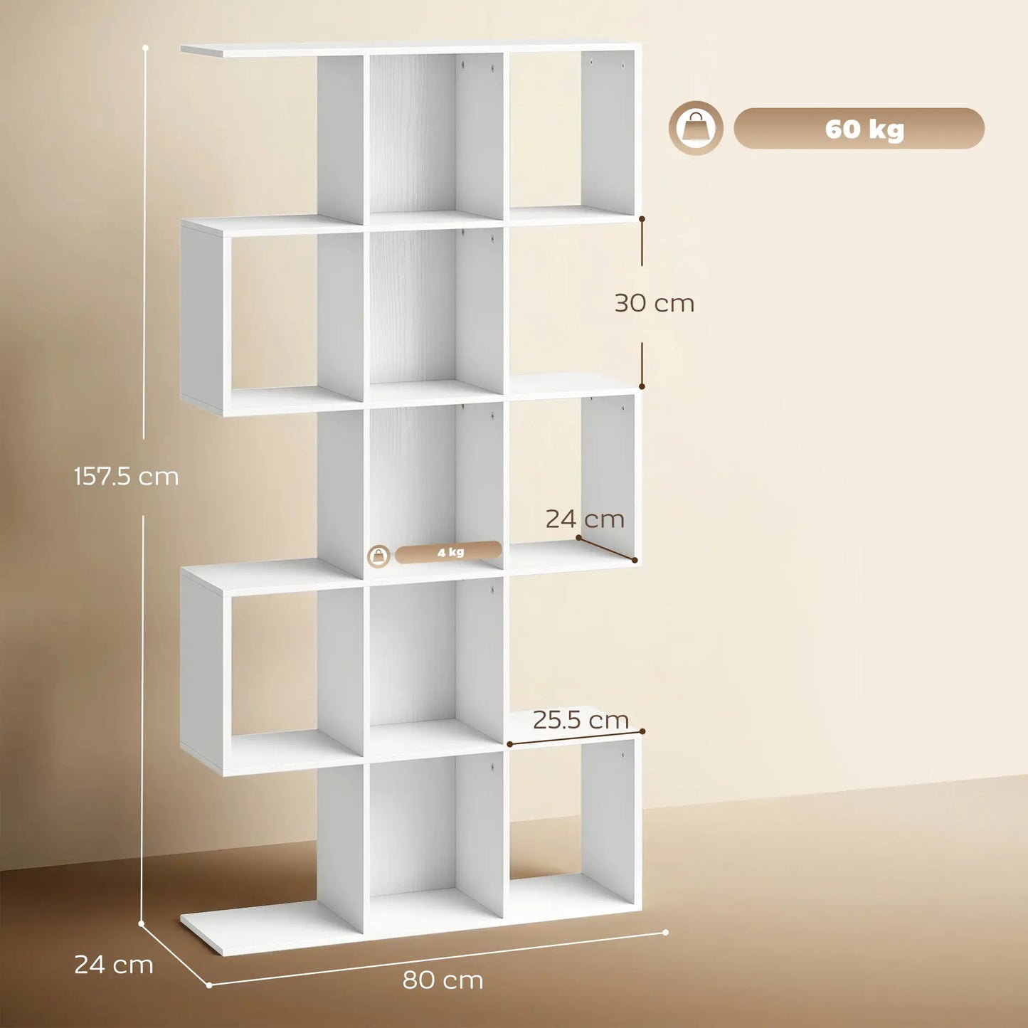 HOMCOM 5-Tier Bookshelf, S Shaped Geometric Bookcase with 15 Compartments, White Wood Effect