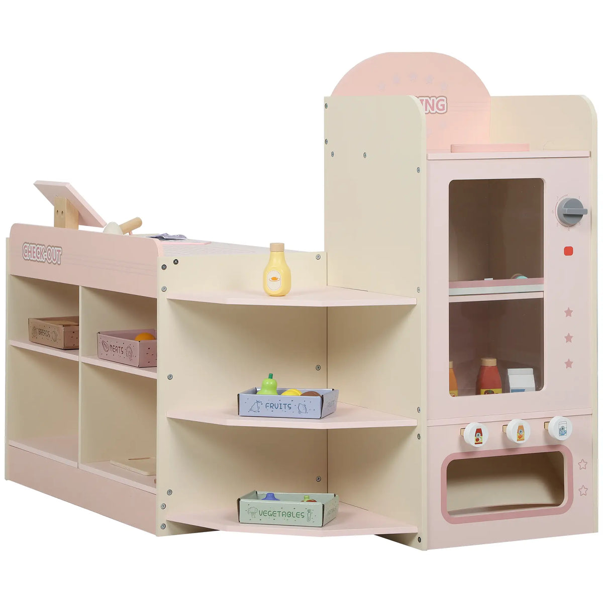 AIYAPLAY Kids Grocery Store, Children Supermarket Playset with Cash Register, Display Shelves