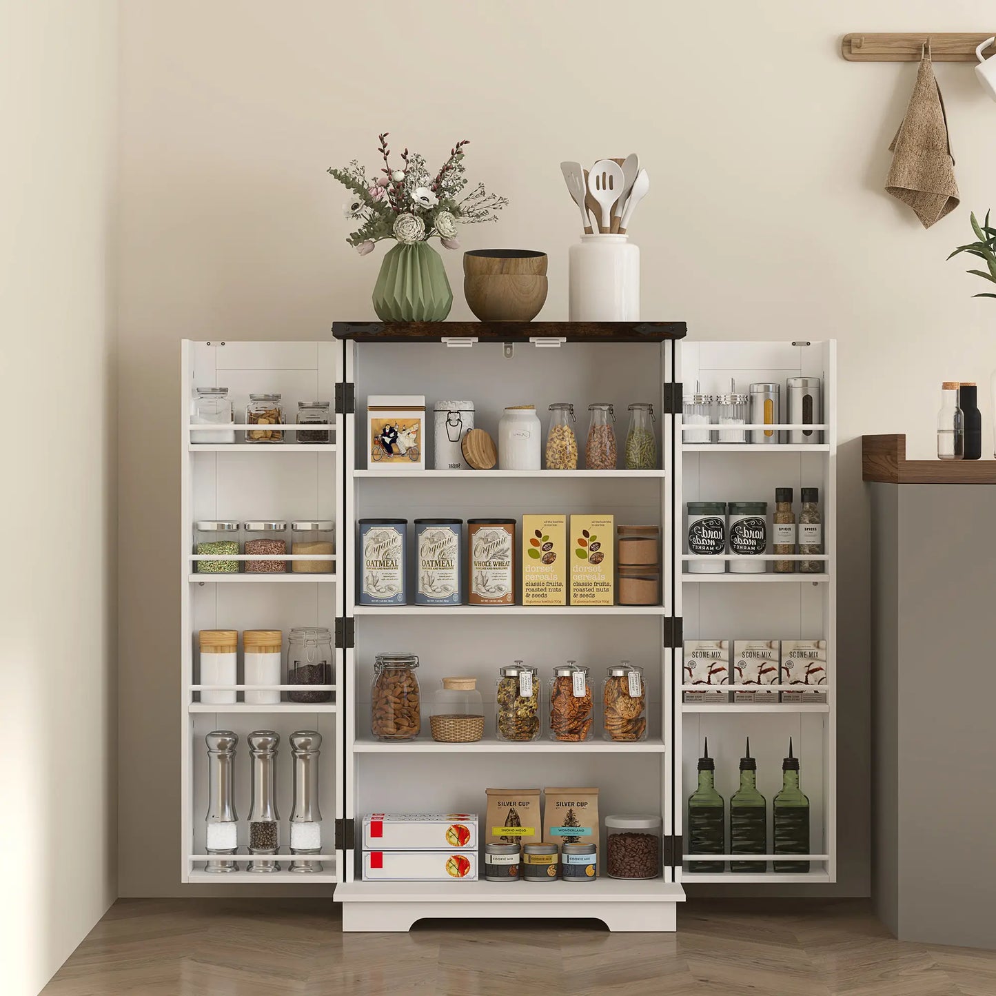 HOMCOM Multi-Storage Farmhouse Style Kitchen Cabinet - White