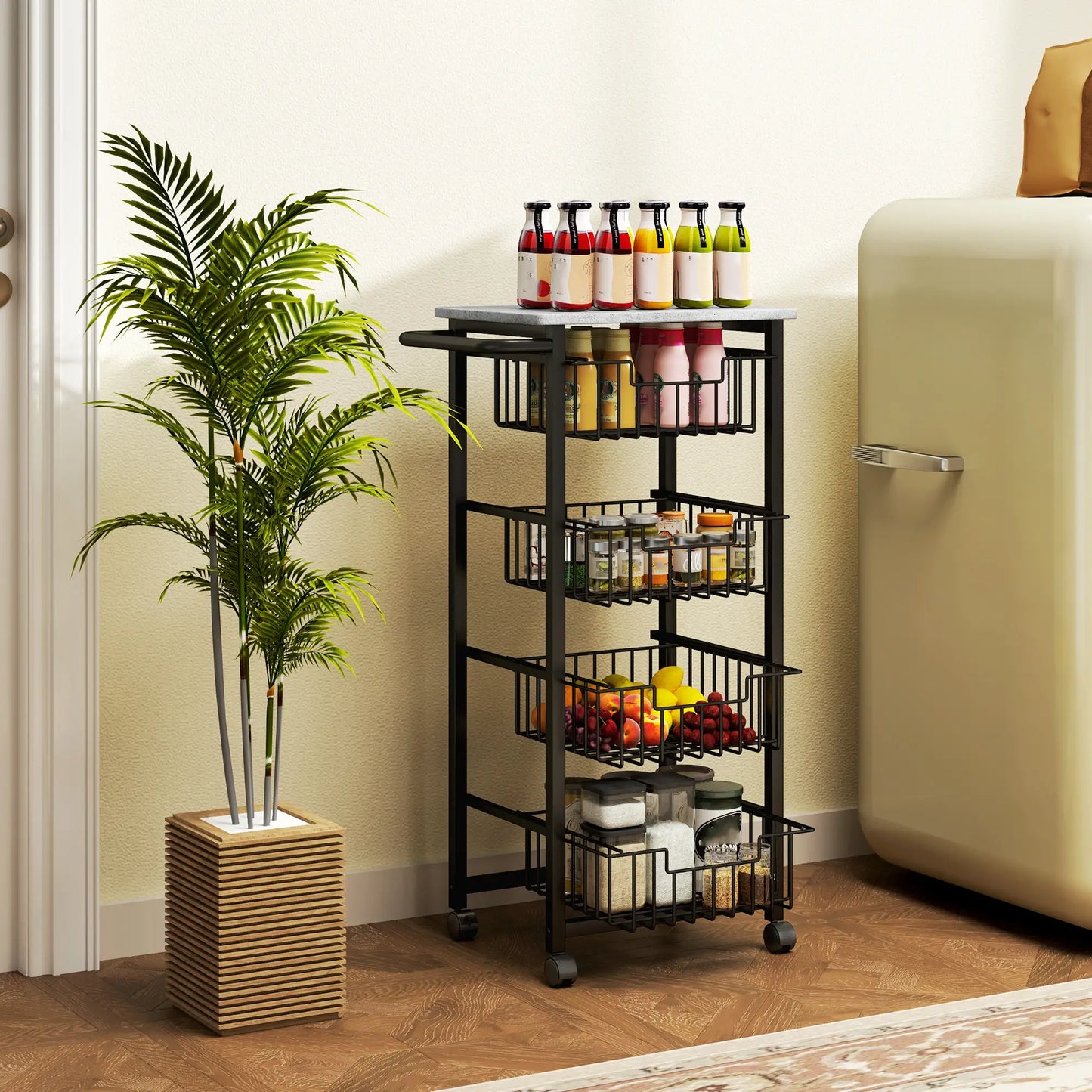 HOMCOM Movable Storage Trolley, Four Basket Mobile Kitchen Dining Island, with Brakes - Grey/Black