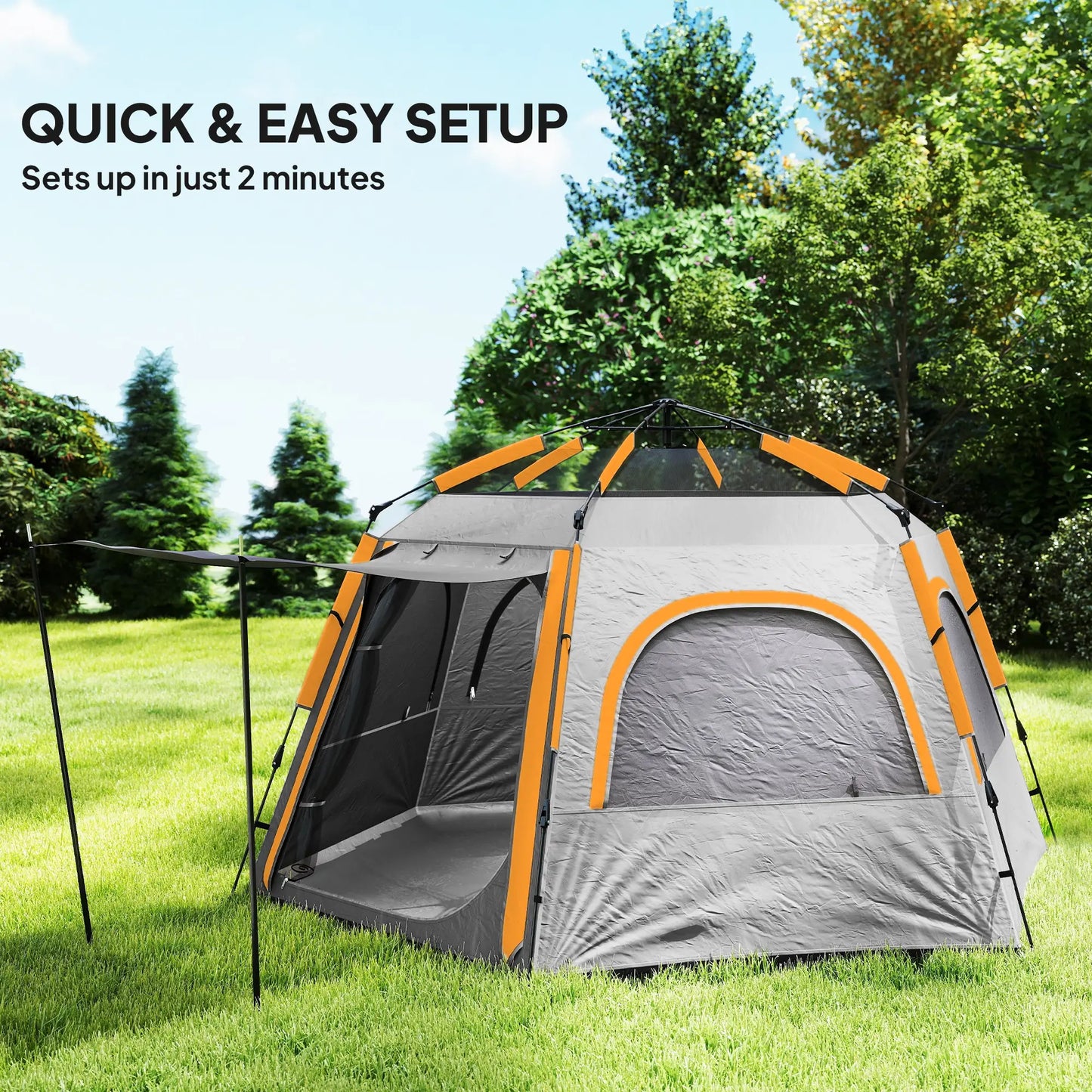 Outsunny Instant Pop Up Camping Tent, 3/4 Person Easy Setup Dome Family Tent with Rainfly Hexagonal Design, Waterproof & UV Protected, Light Grey