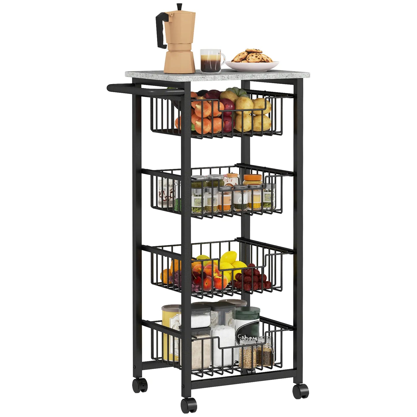 HOMCOM Movable Storage Trolley, Four Basket Mobile Kitchen Dining Island, with Brakes - Grey/Black