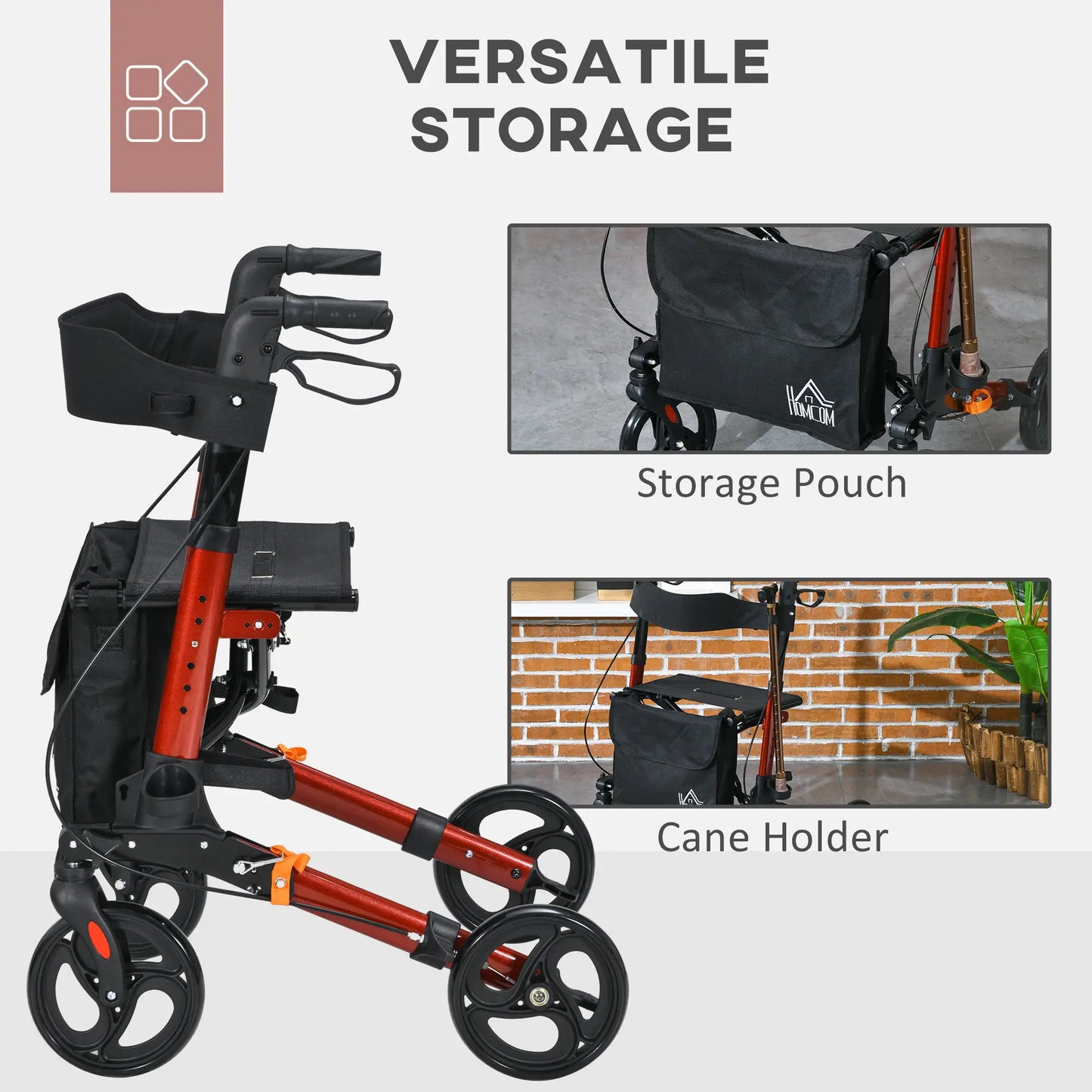 HOMCOM 4 Wheel Rollator with Seat & Back, Folding Mobility Walker with Carry Bag, Adjustable Height, Cane Holder, Aluminium Walking Frame for Seniors, Red