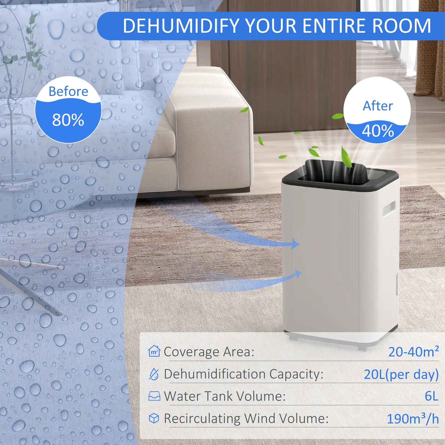 HOMCOM 6000mL Portable Dehumidifier with 24H Timer, 3 Modes, 20L/Day, for Home Laundry Basement