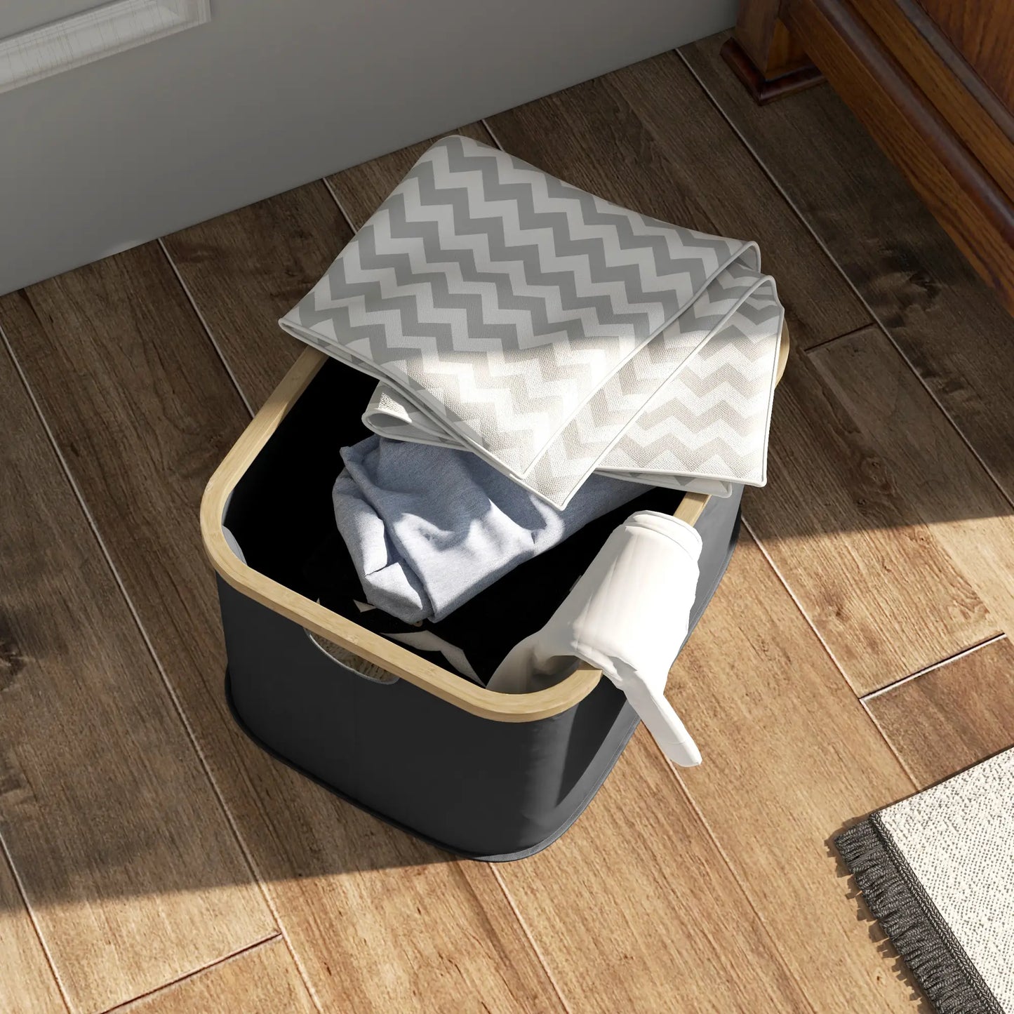 HOMCOM 36L Foldable Laundry Basket, with Bamboo Top Portable and Foldable - Black