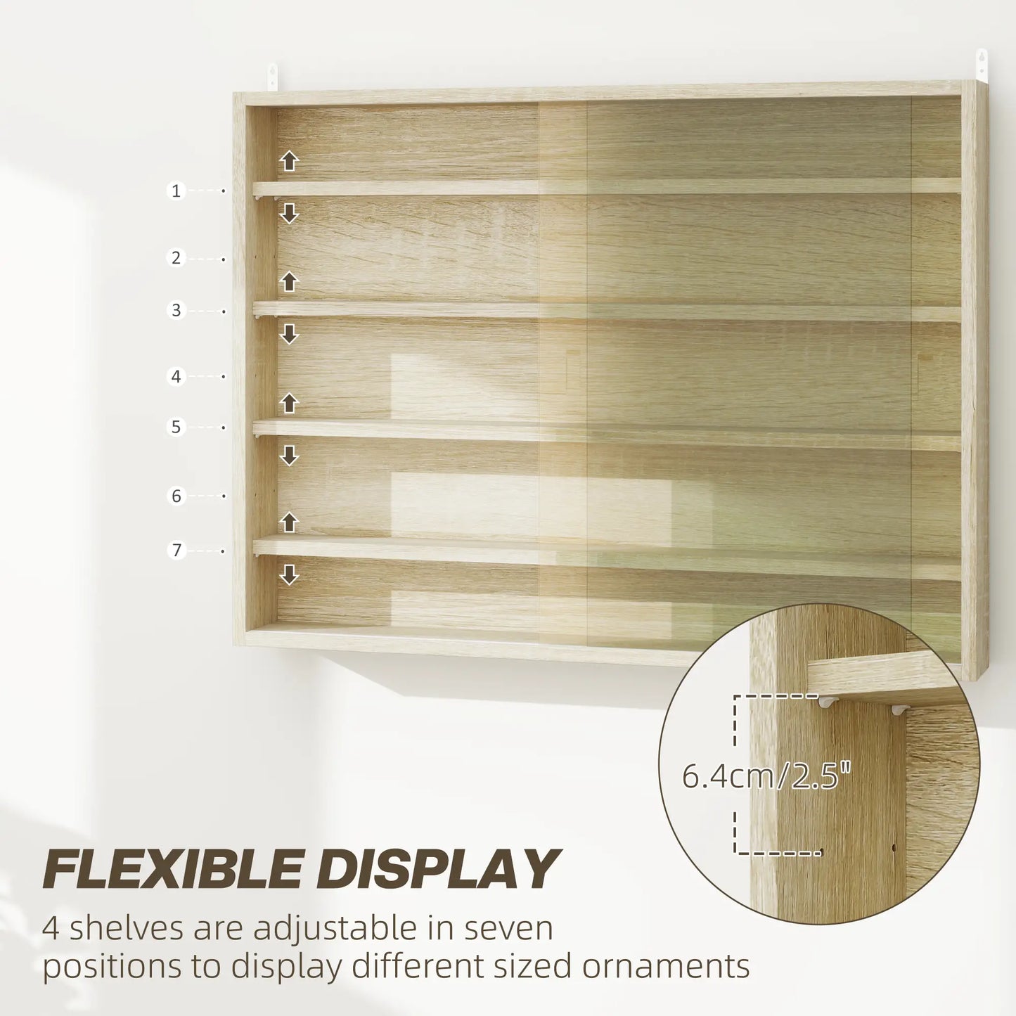 HOMCOM 5-Tier Wall Display Shelf Unit Cabinet w/ 4 Adjustable Shelves Glass Doors Home Office Ornaments, Oak