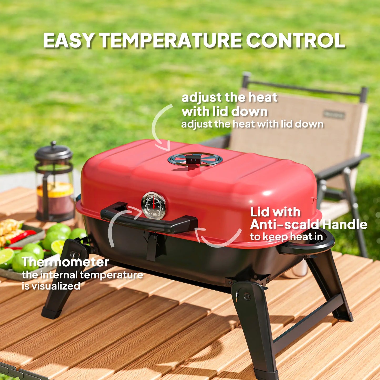 Outsunny Charcoal Barbecue Grill Folding BBQ Grill with Adjustable Vent, Thermometer, Handles for Camping Picnic, Red