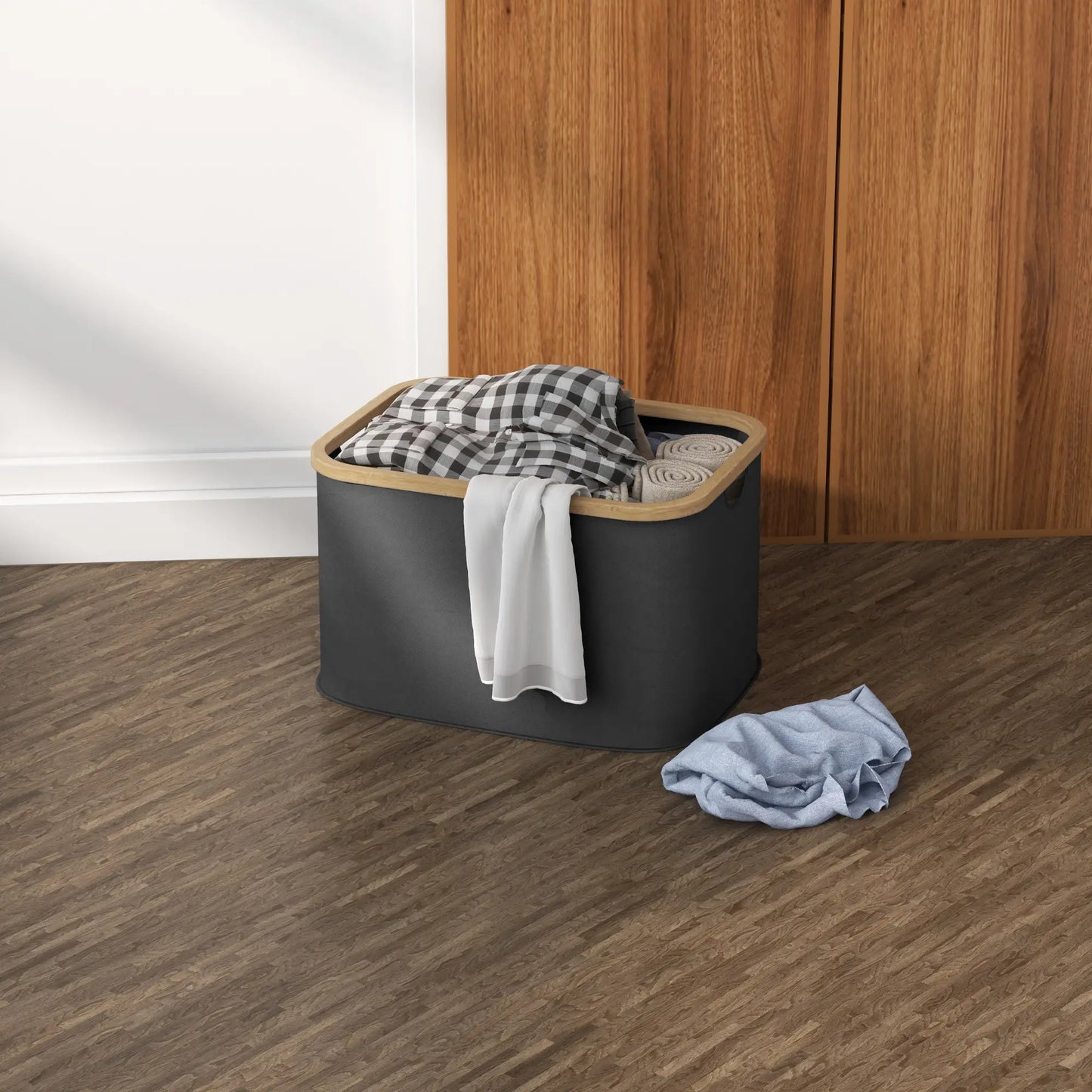 HOMCOM 36L Foldable Laundry Basket, with Bamboo Top Portable and Foldable - Black