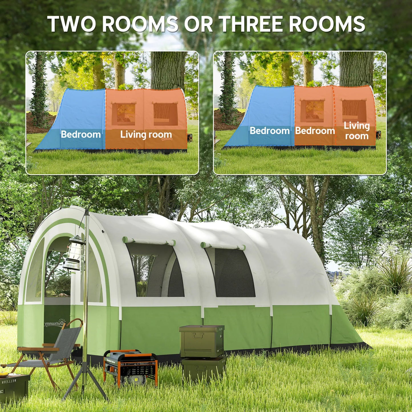 Outsunny 3000mm Waterproof Camping Tent, 5-6 Man Family Tent with Living & Bedroom, Carry Bag, Cream & Green