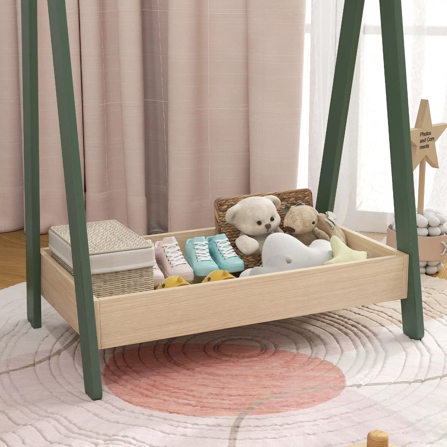 AIYAPLAY Kids Clothes Rail with 3 Hangers, Bottom Storage Shelf for Girls, Boys, Nursery, Bedroom, Green