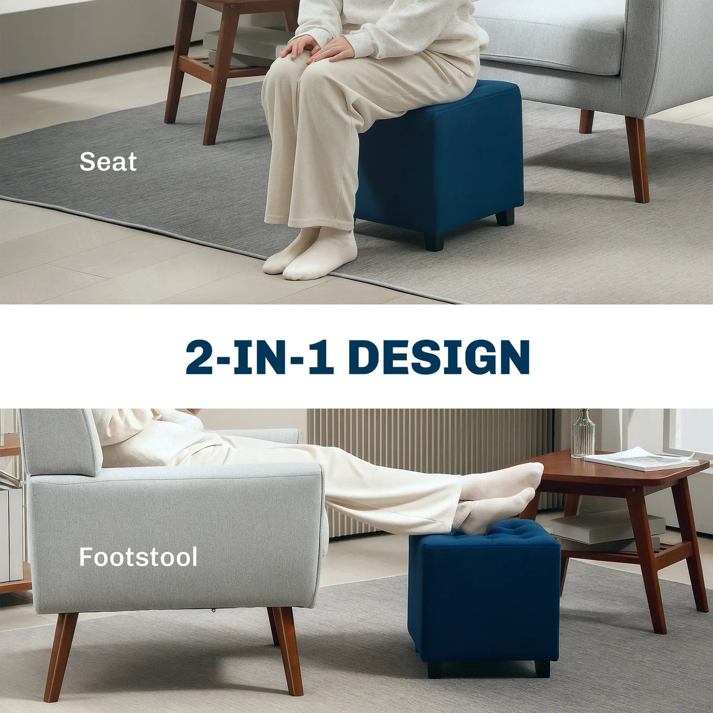 HOMCOM Velvet-Feel Square Ottoman, Lightweight - Blue
