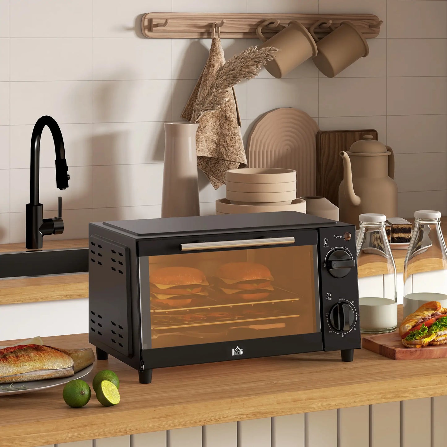 HOMCOM Mini Oven, 9L Countertop Electric Grill, Toaster Oven with Adjustable Temperature, Timer, Baking Tray, 750W