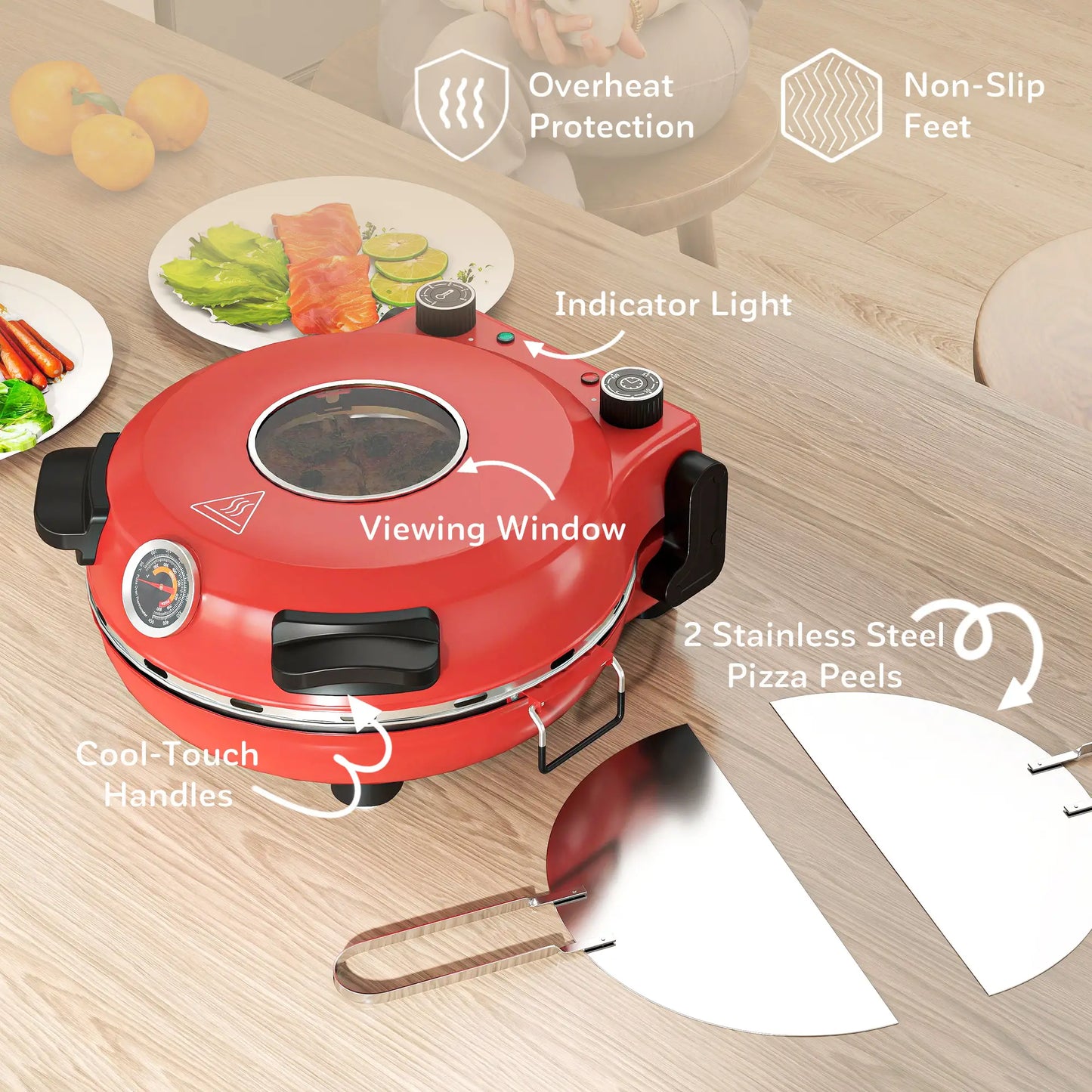 HOMCOM 1200W Pizza Oven, 12 Inch Electric Pizza Maker with Viewing Window, Timer Control & Overheat Protection, Red