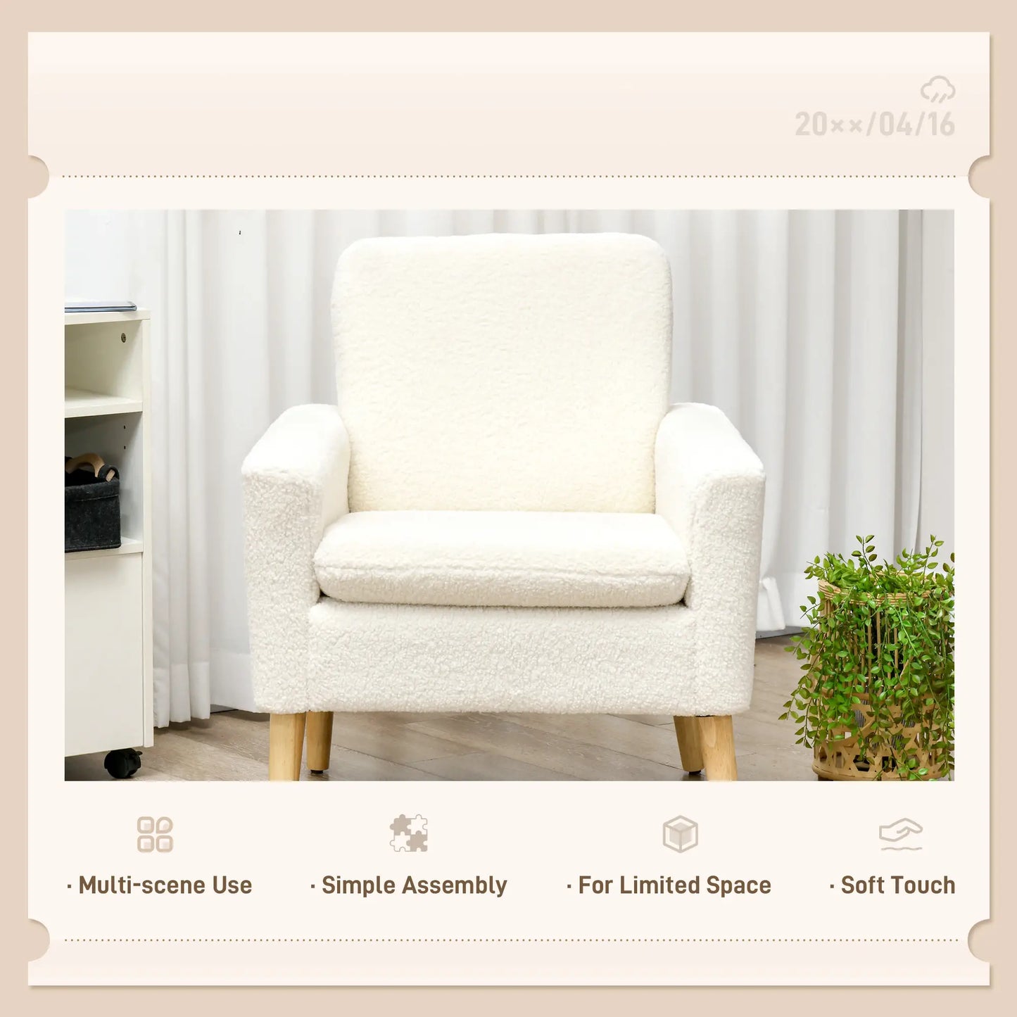 HOMCOM Armchair, Upholstered Accent Chair with Wood Legs & Wide Padded Seat, Teddy Occasional Chair, Cream White