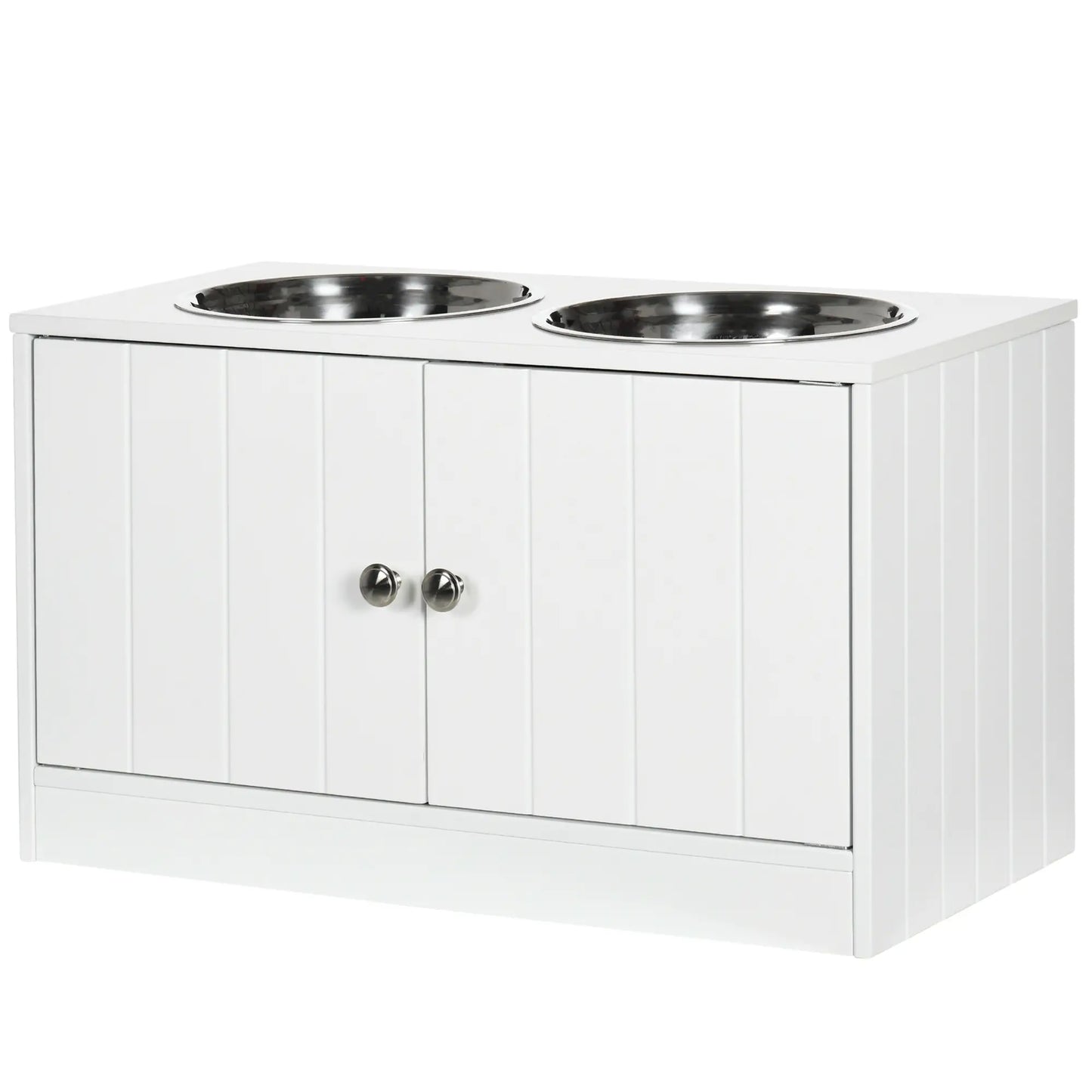 PawHut Raised Dog, Pet Feeder with Two Bowls, Storage - White