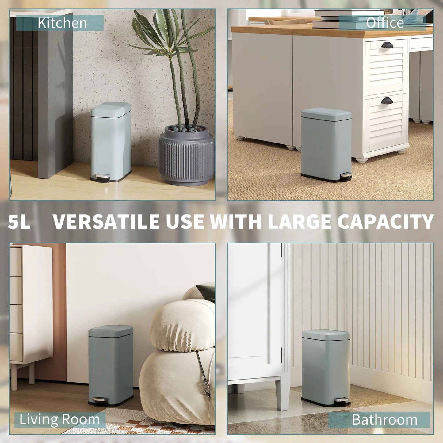 Rectangular Compact Bin Tidy Steel Body Removable Bucket w/ Pedal Lid 5L