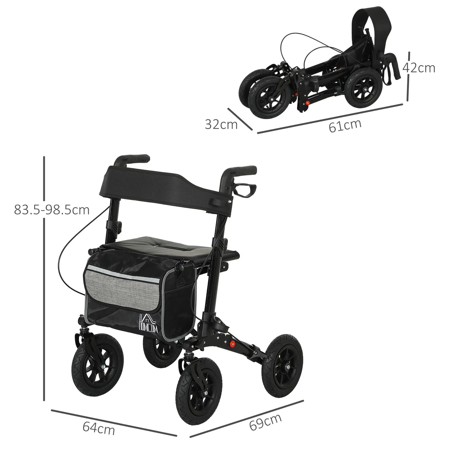 HOMCOM 4 Wheeled Folding Rollator Walker with Padded Seat, Backrest, Lightweight Walking Frame with Storage Bag, Dual Brakes for Seniors