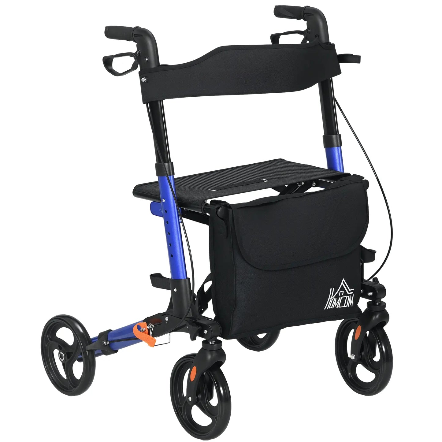 HOMCOM 4 Wheel Rollator with Seat and Back, Folding Mobility Walker with Carry Bag, Adjustable Height, Walking Frame for Seniors, Blue