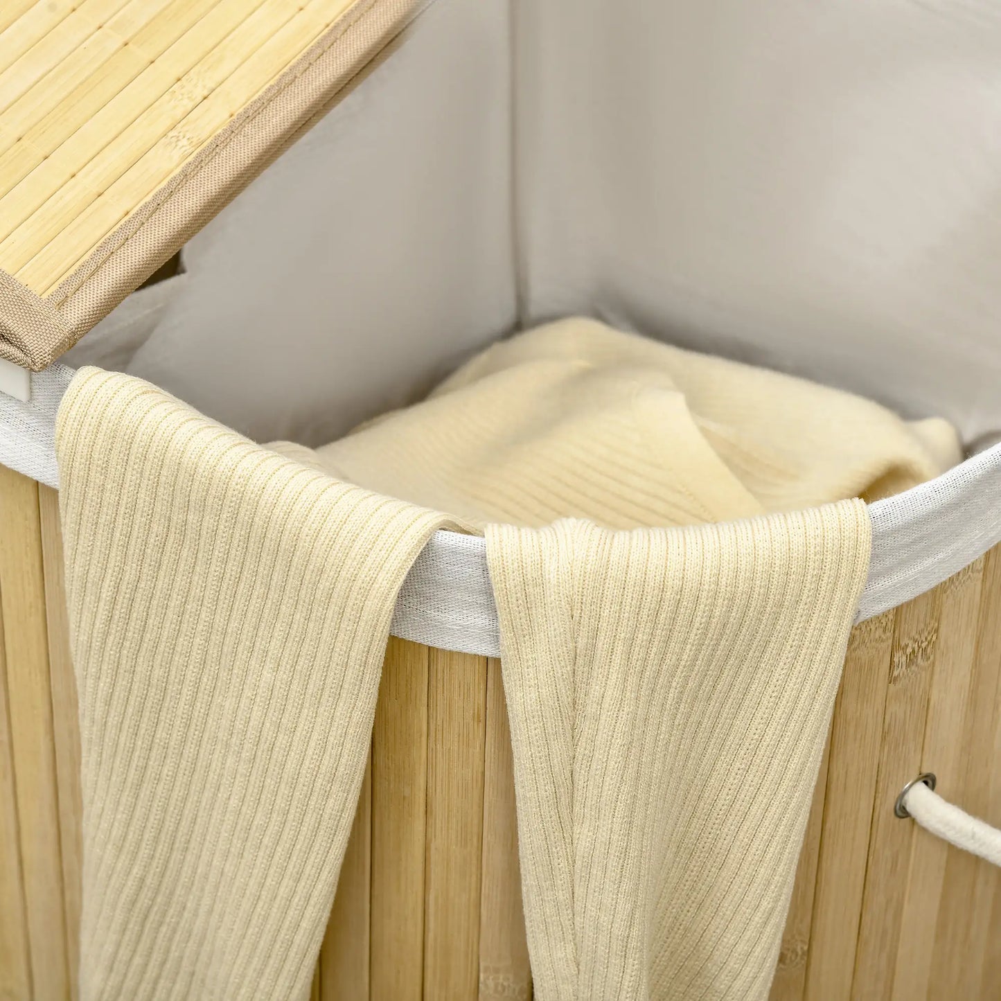 HOMCOM Bamboo Laundry Basket with Lid, 100 Litres Laundry Hamper with 2 Sections, Removable Washable Lining, Washing Baskets